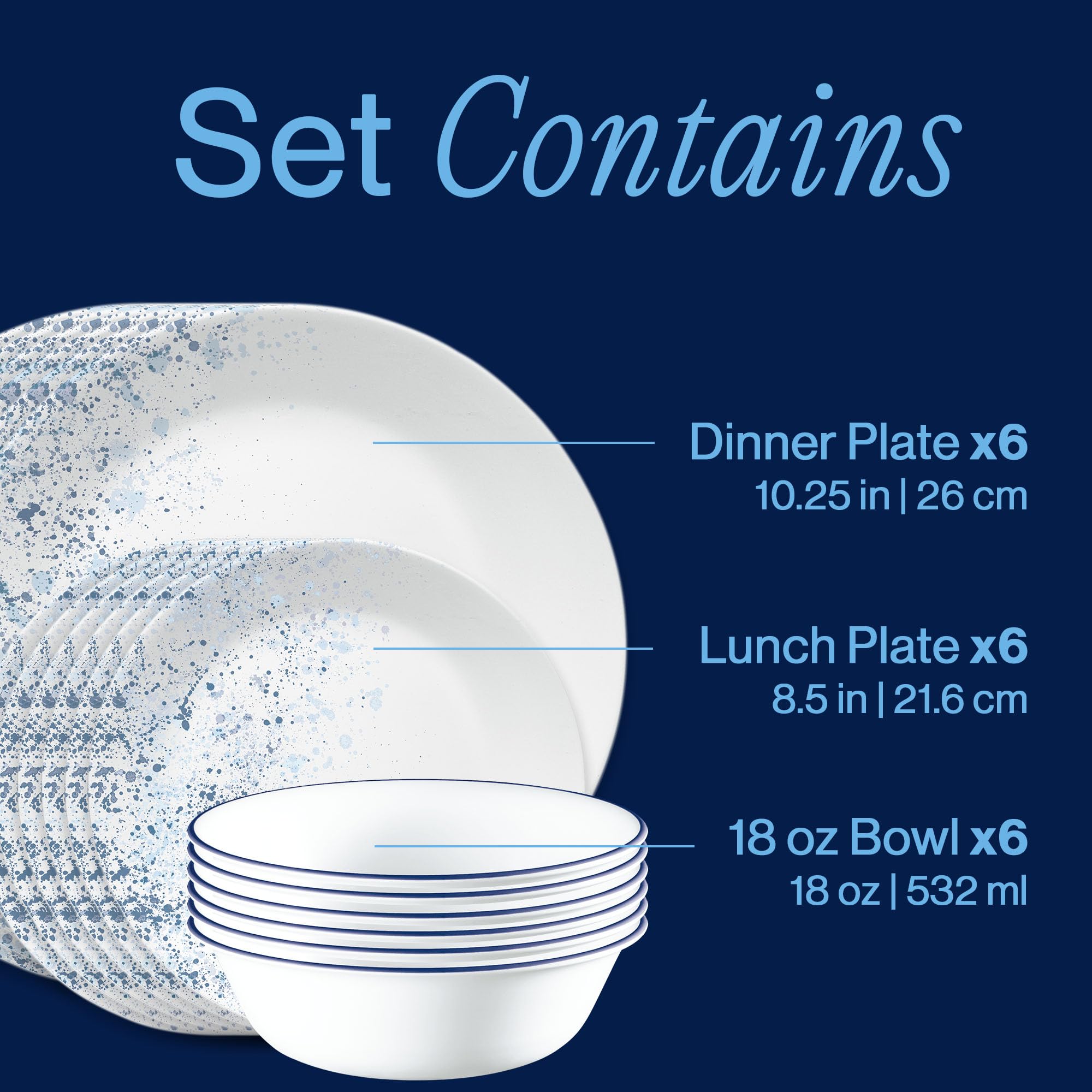 Corelle Service de table 18 pièces pour 6 personnes, motif moucheté indigo, bleu et blanc, vaisselle résistante aux éclats, comprend des assiettes plates de 26 cm, des assiettes à salade/à dessert de