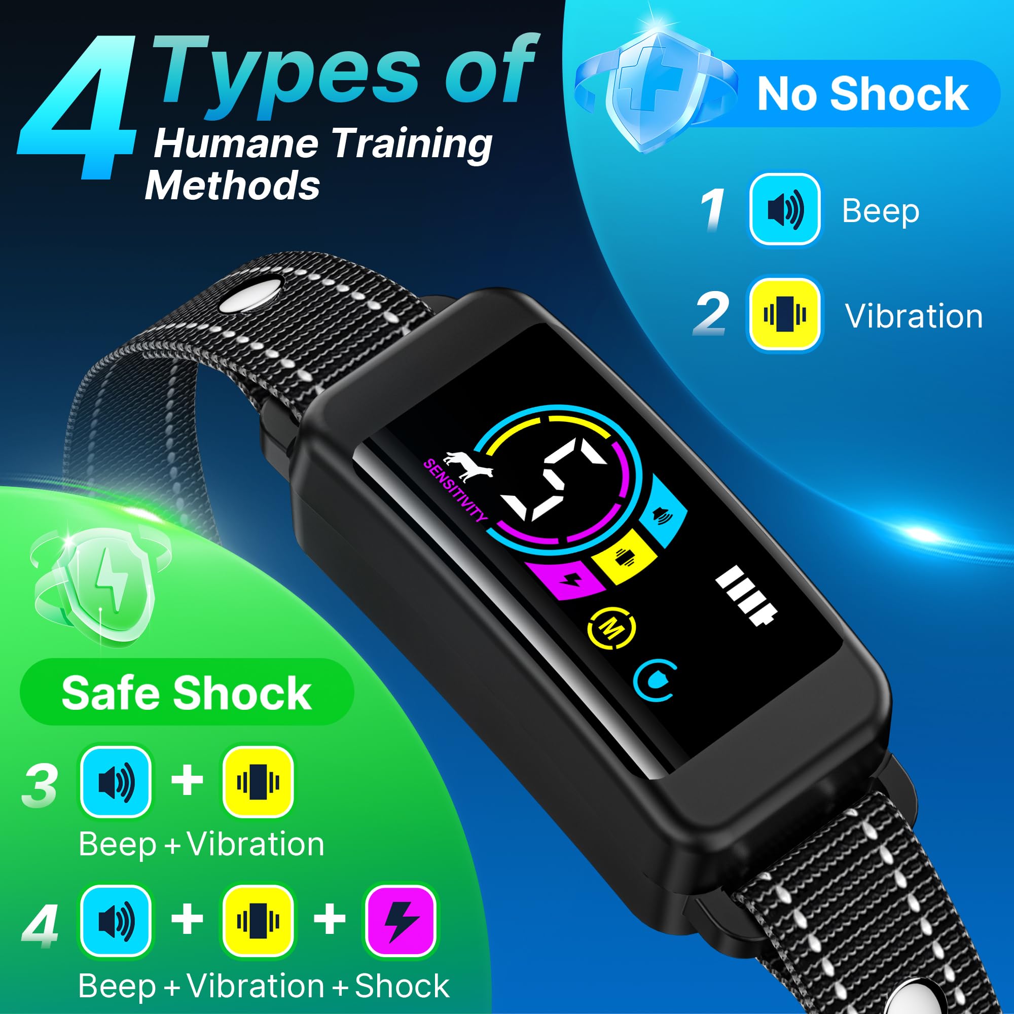 Dog Bark Collar-Automatic Stop Barking Collar for 10-120lbs Dogs, with 3 Adjustable Sensitivity Modes Beep Vibration Shock,IP67 Waterproof - Effective No Bark Collars (Black) - 4