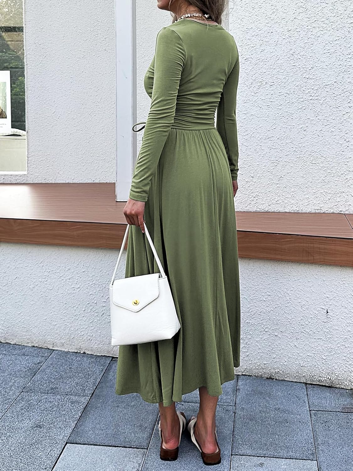 Women’s Long Sleeve Square Neck Maxi Dress Adjustable Waist Tie Casual Flowy A-Line Pleated Dresses with Pockets - Image 5