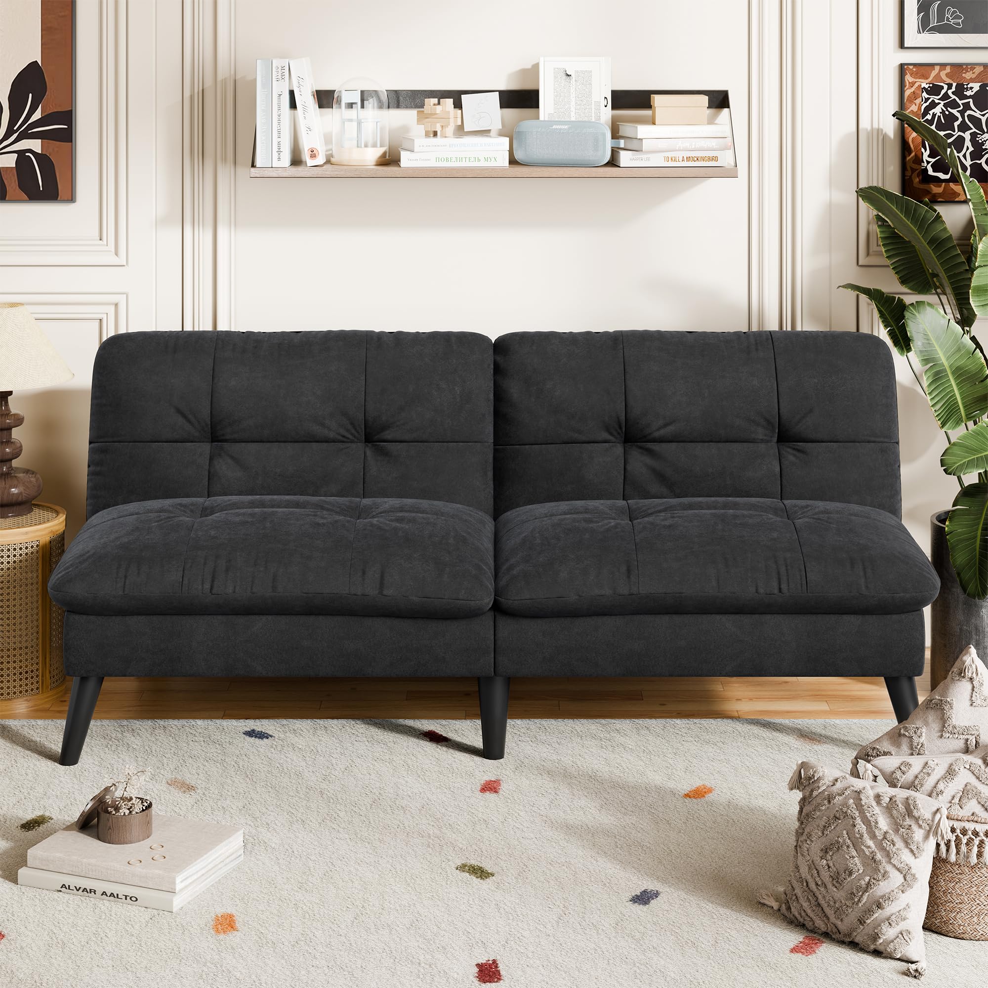 Vongrasig Futon Sofa Bed Velvet Futon Couch with Adjustable Backrest, Small Convertible Folding Sleeper Sofa Bed, Modern Loveseat for Living Room, Bedroom and Small Space, (Black)