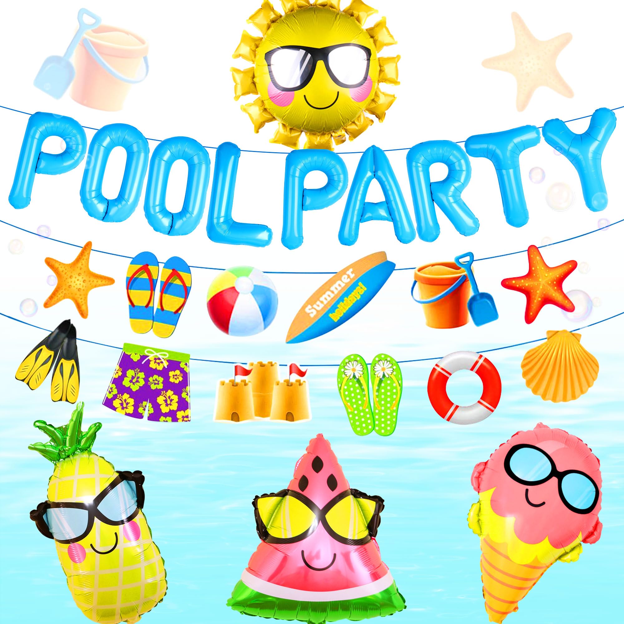 LaVenty Blue Summer Sun Balloons Beach Pool Party Decoration Supplies With Backdrop Banner for Luau Hawaii