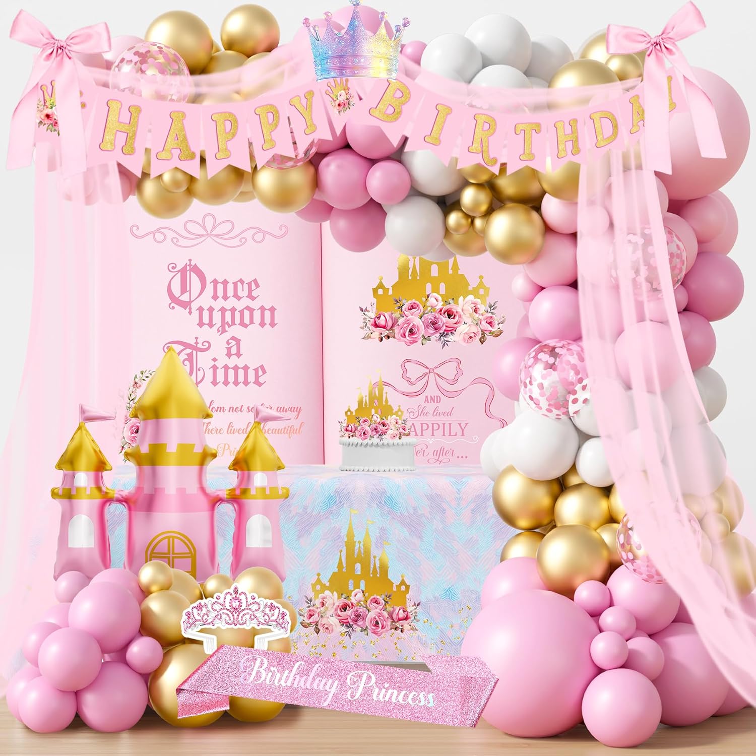 Princess Birthday Party Decorations Supplies, Pink Princess Birthday Decoration, Pastel Floral Castle Party Supplies