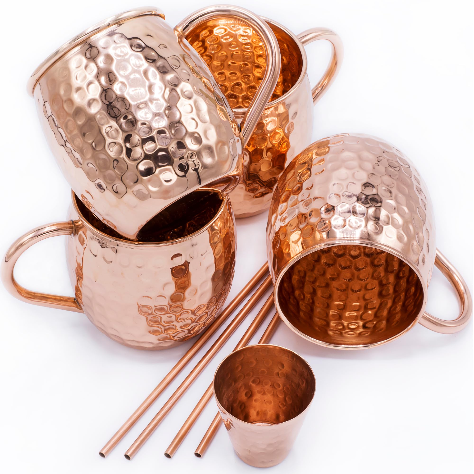Gadgy Set Moscow Mule en Cuivre – Ensemble de Verres à Cocktail avec 4 Gobelets Fait Main – 4 Pailles et Doseur Inclus – Coffret Cadeau Premium