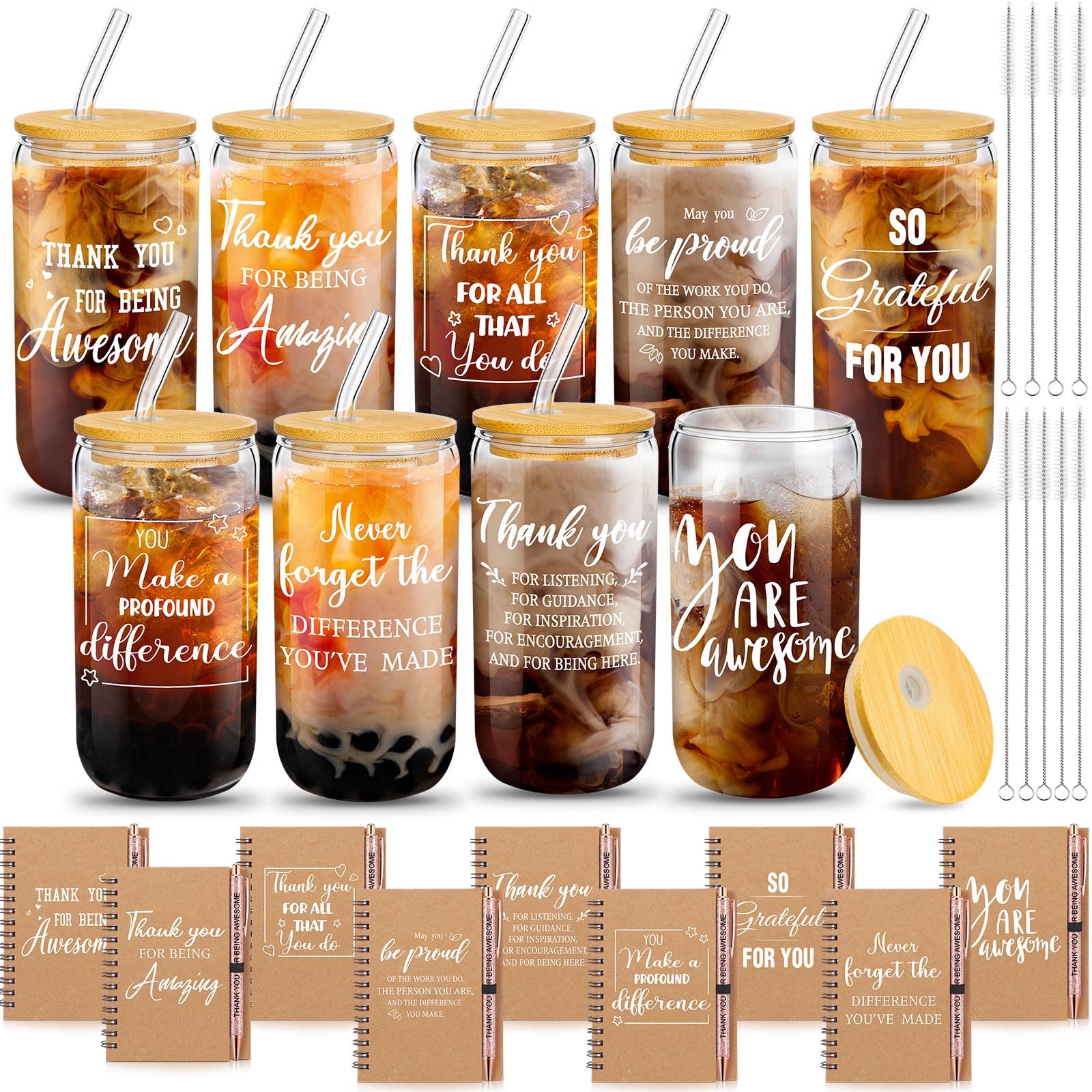 Watersay 27 Pcs Employee Appreciation Gift Set 16 Oz Thank You Glass Cups with A6 Inspirational Notebook and Ballpoint Pen for Volunteer Team Staff