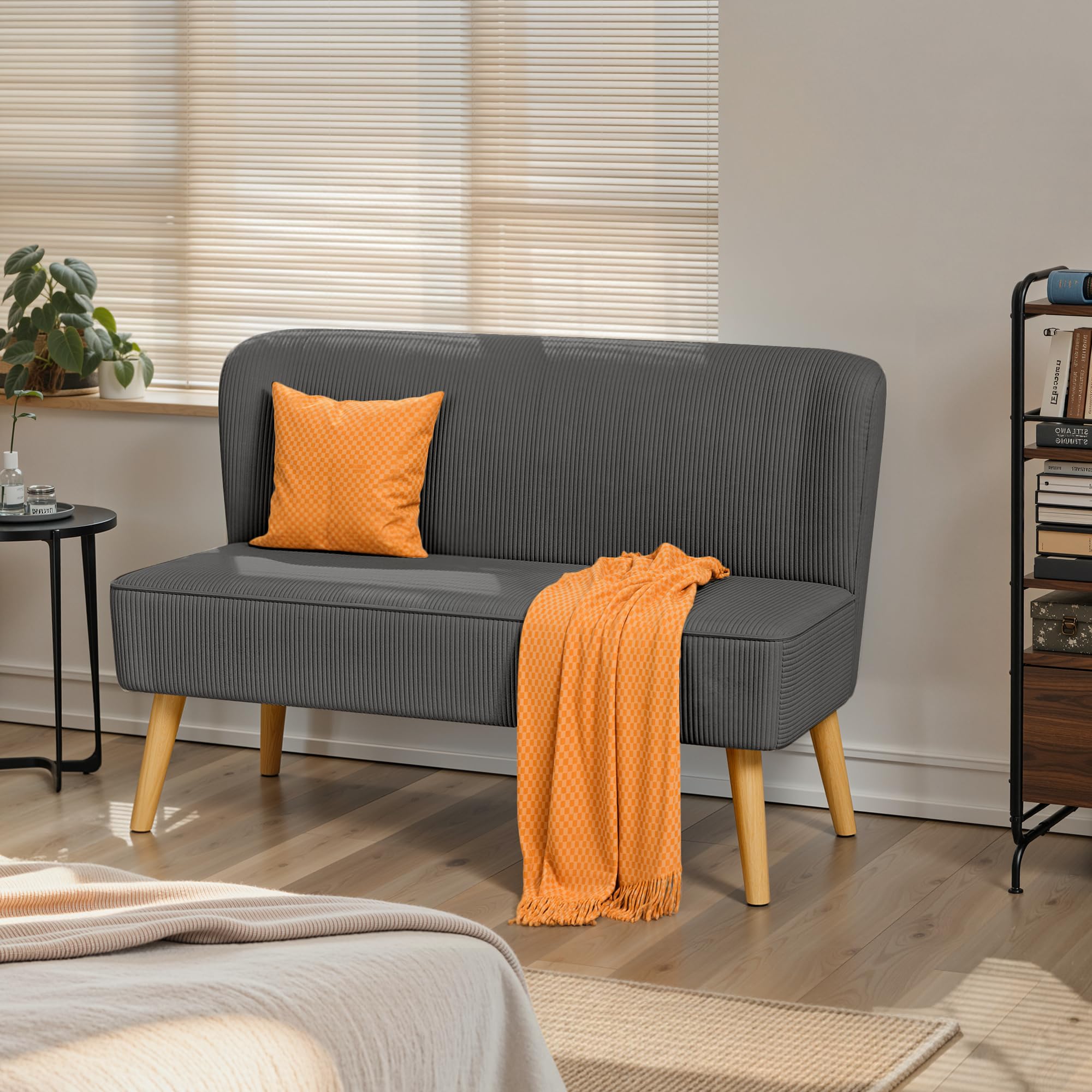 Sofá de 2 Plazas, Pequeño Loveseat con Tapizado de Aspecto Terciopelo Acanalado, Sofá Compacto Que Ahorra Espacio para Dormitorio, Salón, Apartamento, 117x56x76cm, Gris