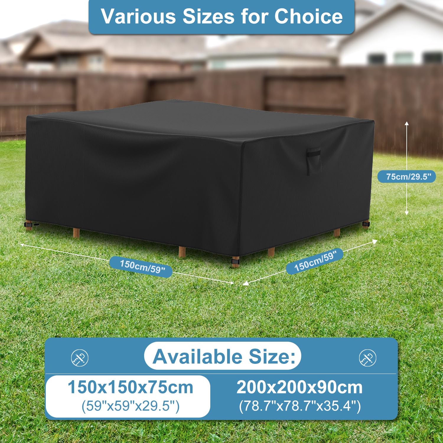 Farfy Copri Copertura Mobili da Giardino Impermeabile 150x150x75cm, Copertura Tavolo Esterno in Tessuto Oxford 600D, con Ventilazione, Cinghie in Fibbia Antivento, Anti-UV, A Prova di Strappo