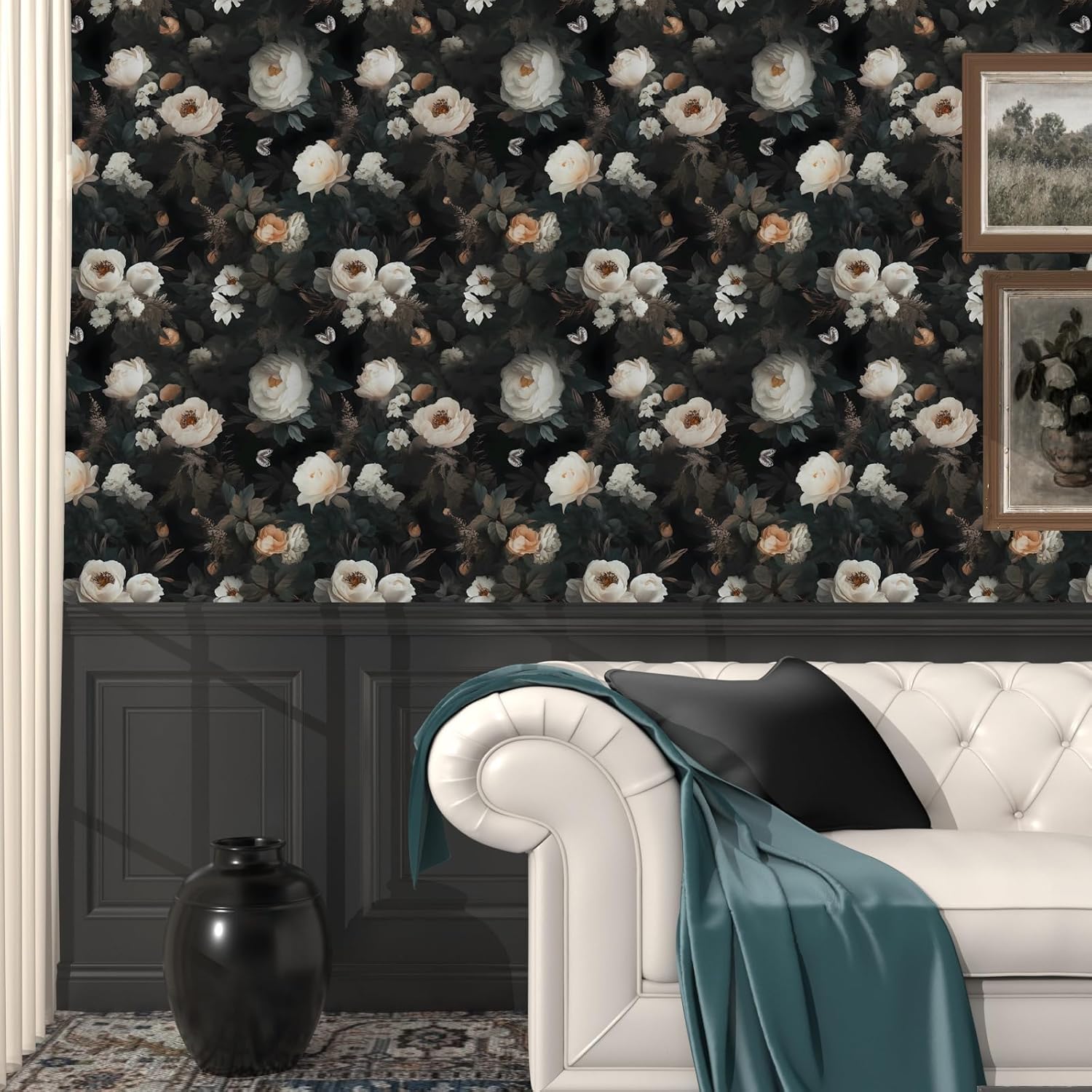 Fvlow Dark Wallpaper Floral Peel and Stick 17.4" x 394" Black White Contact Paper Vintage Watercolor Self Adhesive Covering for Bedroom Cabinet Bathroom Home Decor