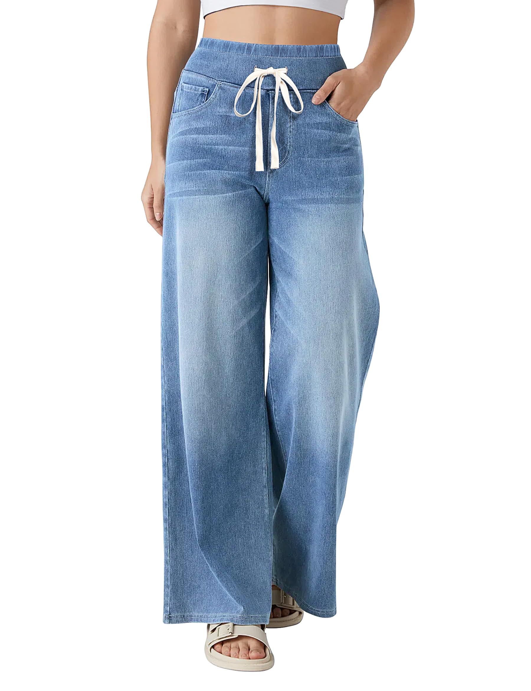 Pantalones Vaqueros Mujer Tiro Alto Pierna Ancha Jeans Elástico con Cintura Ajustable y Cordón,Pantalones Anchos Cómodos con Bolsillos para Diario, Oficina y Moda Casual