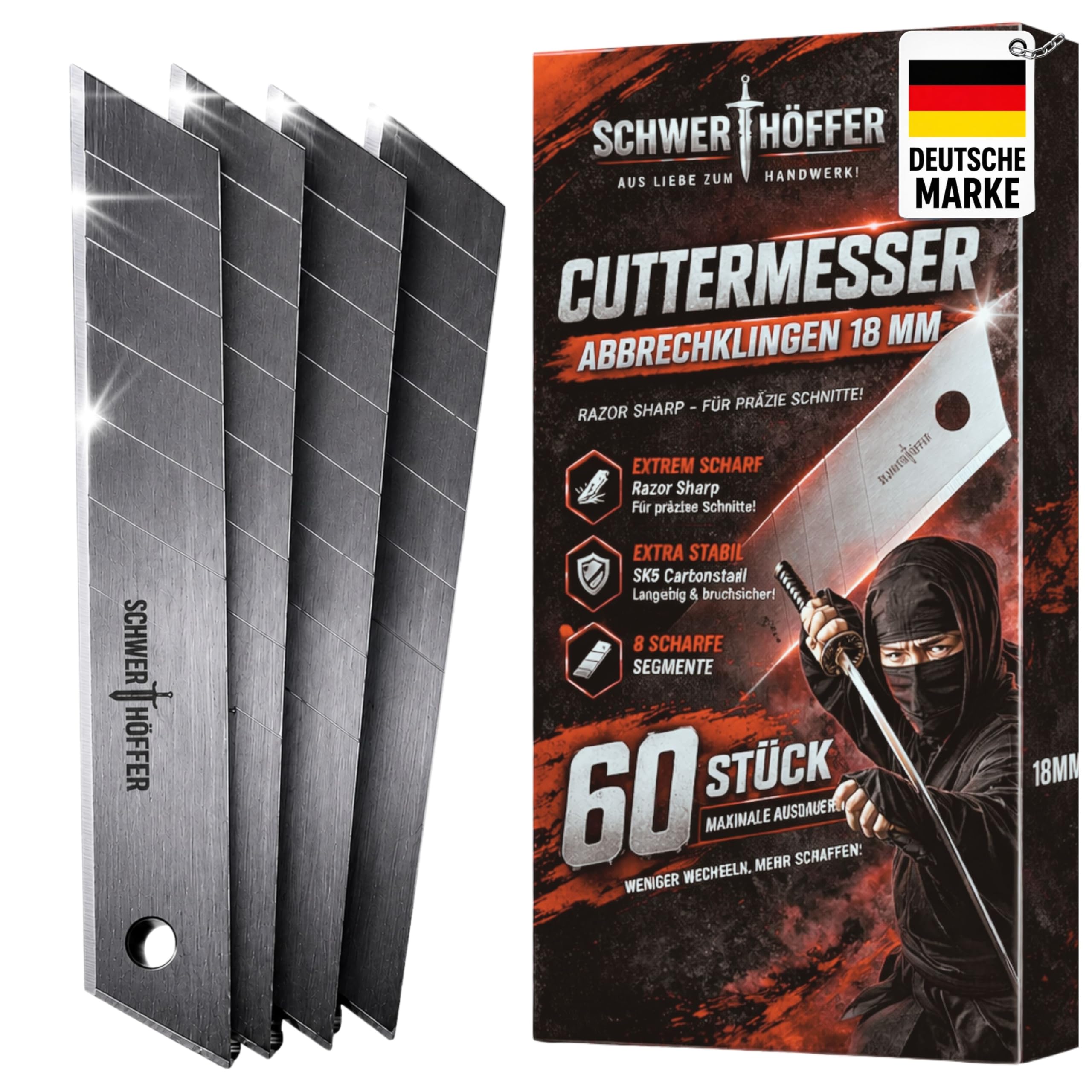 60x Profi Cuttermesser Klingen 18mm - Ersatzklingen Cuttermesser aus hochwertigem Stahl - Cutter Messer - Gehärtet & ultra scharf - Abbrechklingen für Cutter Messer