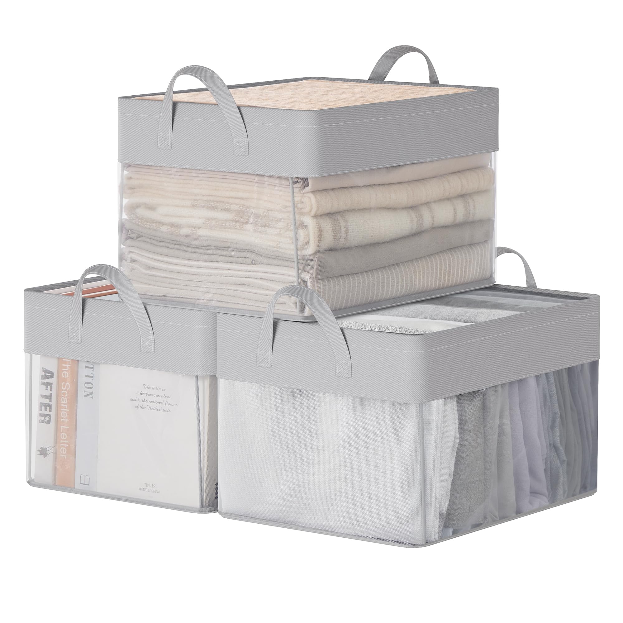 SONGMICS Storage Bins Set of 3, Medium Fabric Storage Baskets, Foldable Organiser with Transparent Nylon Mesh, 40 x 30 x 25 cm, Handles, for Bedroom, Living Room, Dove Grey RFB940G01