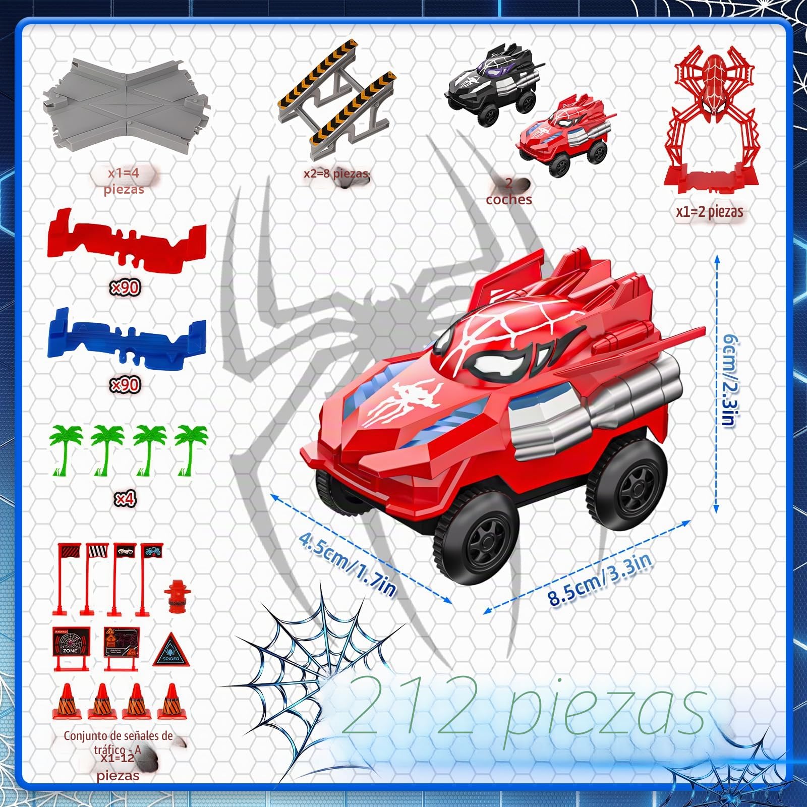 Kssvzz Spider Circuito Coches Niños 2 3 4 5 6 Años, Flexible Pista de Carros Juguete, Regalo Cumpleaños Navidad Niño Niña 2-8 Años(212 Piezas)
