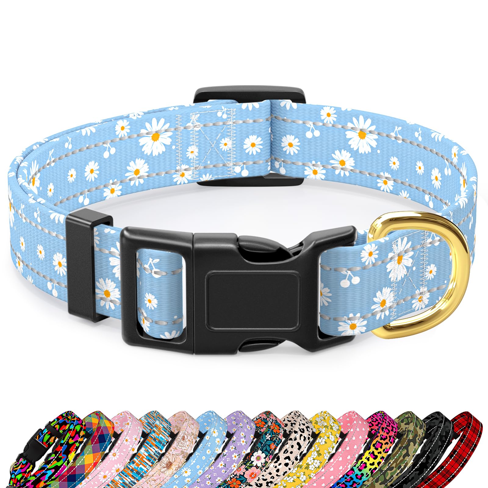 TMOODEL Reflective Dog Collar for Extra Small Dogs, Cute Daisy Theme Adjustable Heavy-Duty Nylon Puppy Collar for Boy and Girl Female, Soft Pet