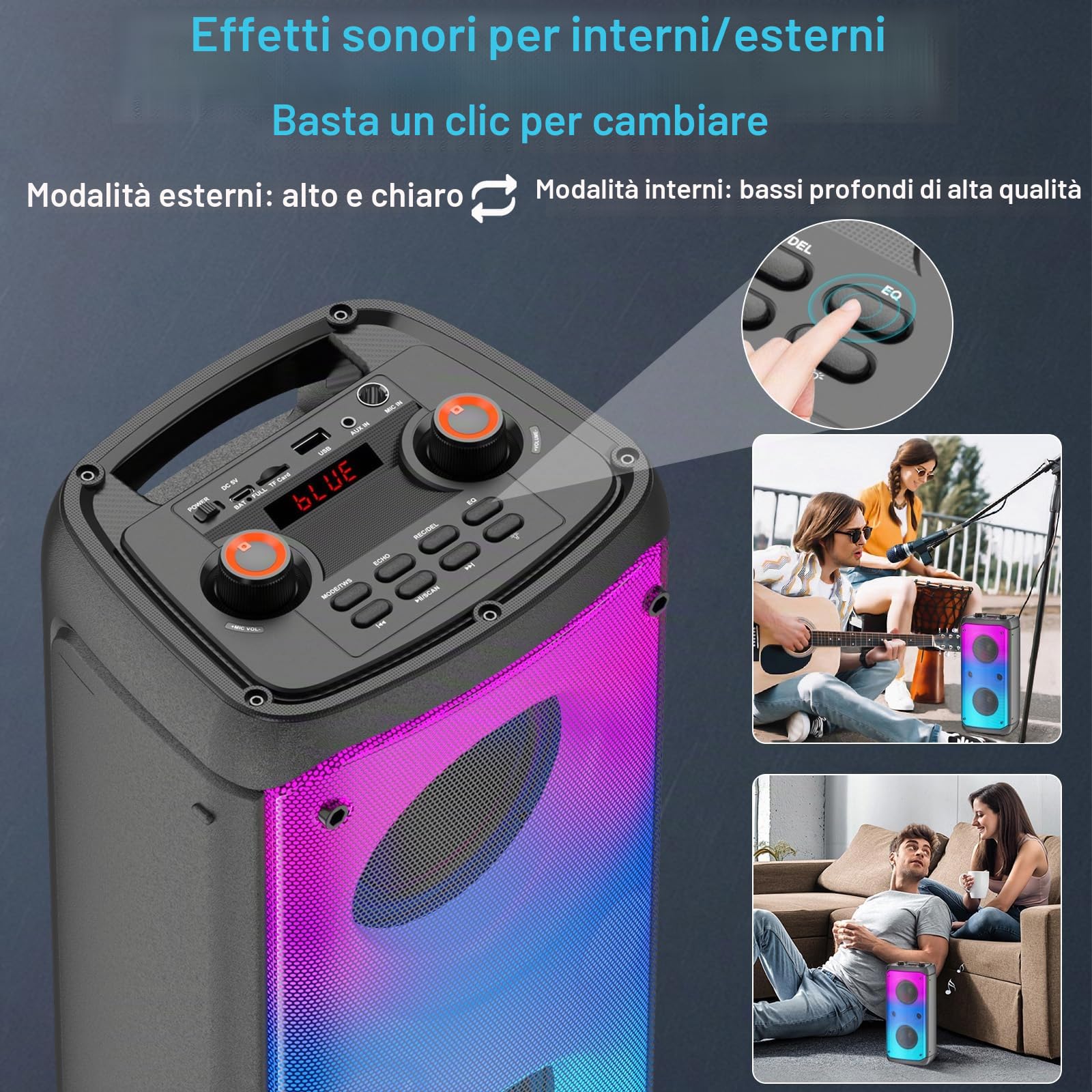 Altoparlante Bluetooth, 80 W, wireless, TWS, portatile, per feste all'aperto, con subwoofer, bassi profondi, luci LED colorate, suono stereo forte con microfono per casa, campeggio, viaggi