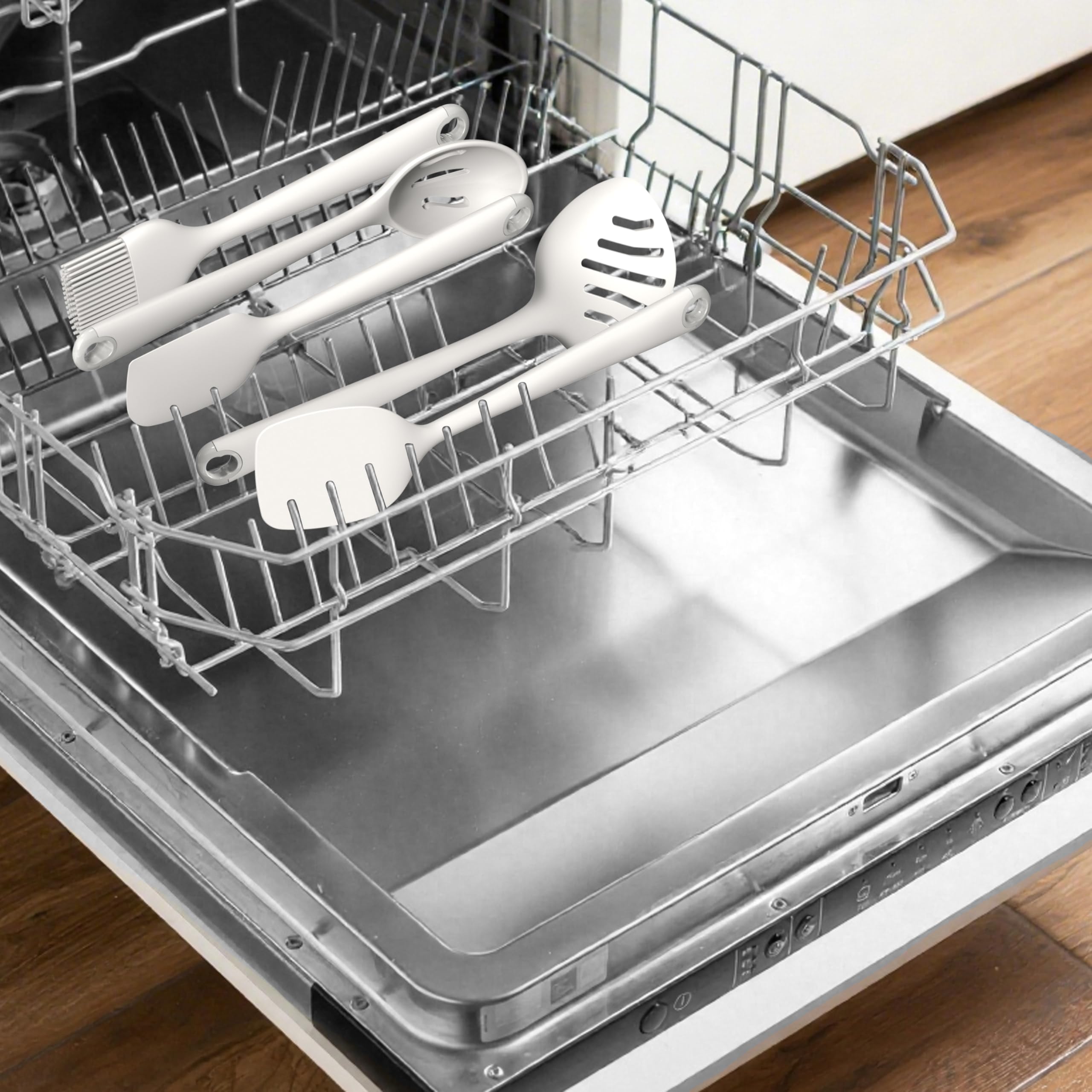 Set di utensili da cucina in silicone, resistenti al calore, spatola, cucchiaio, frusta, pinze, utensili da cucina per pentole antiaderenti, lavabili in lavastoviglie, senza BPA (bianco crema)