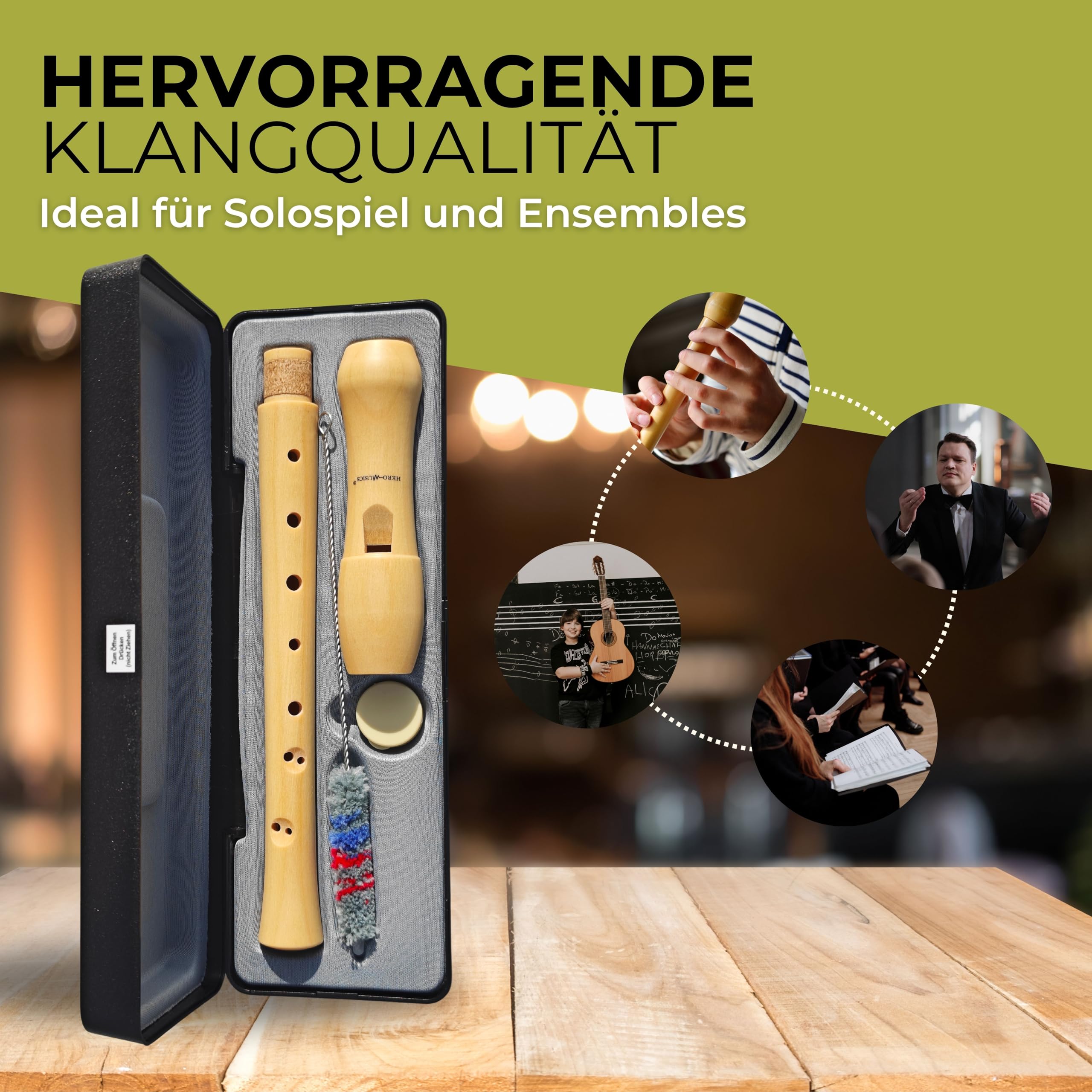 HeroMusics Blockflöte für Kinder aus Holz - Flöte mit Barocker Griffweise - 8-Loch Flöte für Erwachsene - Sopranblockflöte aus Premium Ahornholz - Blockflötenset mit Reinigungsset & Etui