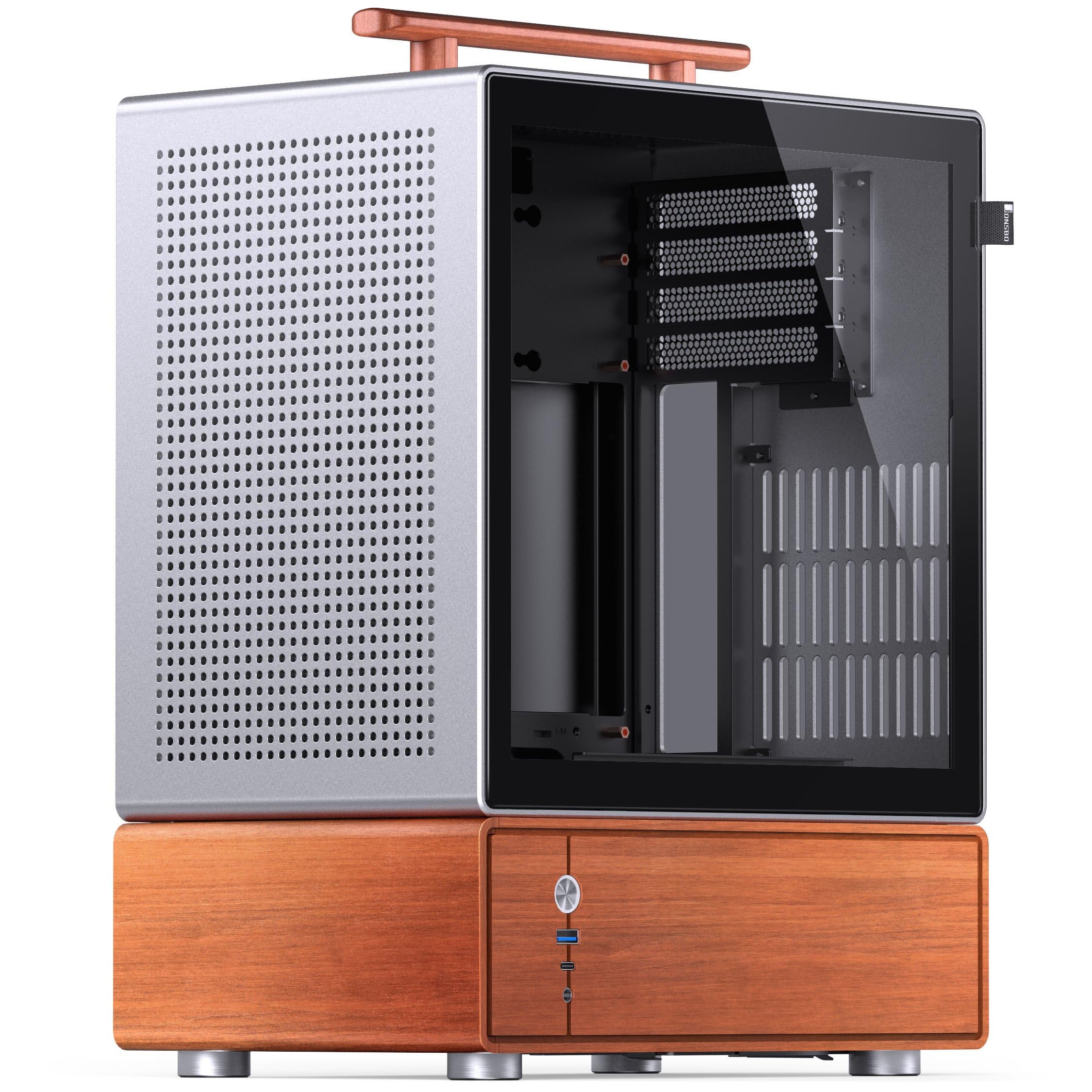 Jonsbo T7 Micro-ATX PC-Gehäuse – Silber | mATX Case mit Aluminium & Holzgriff, Tempered Glass, Zwei-Kammer-Design, USB-C