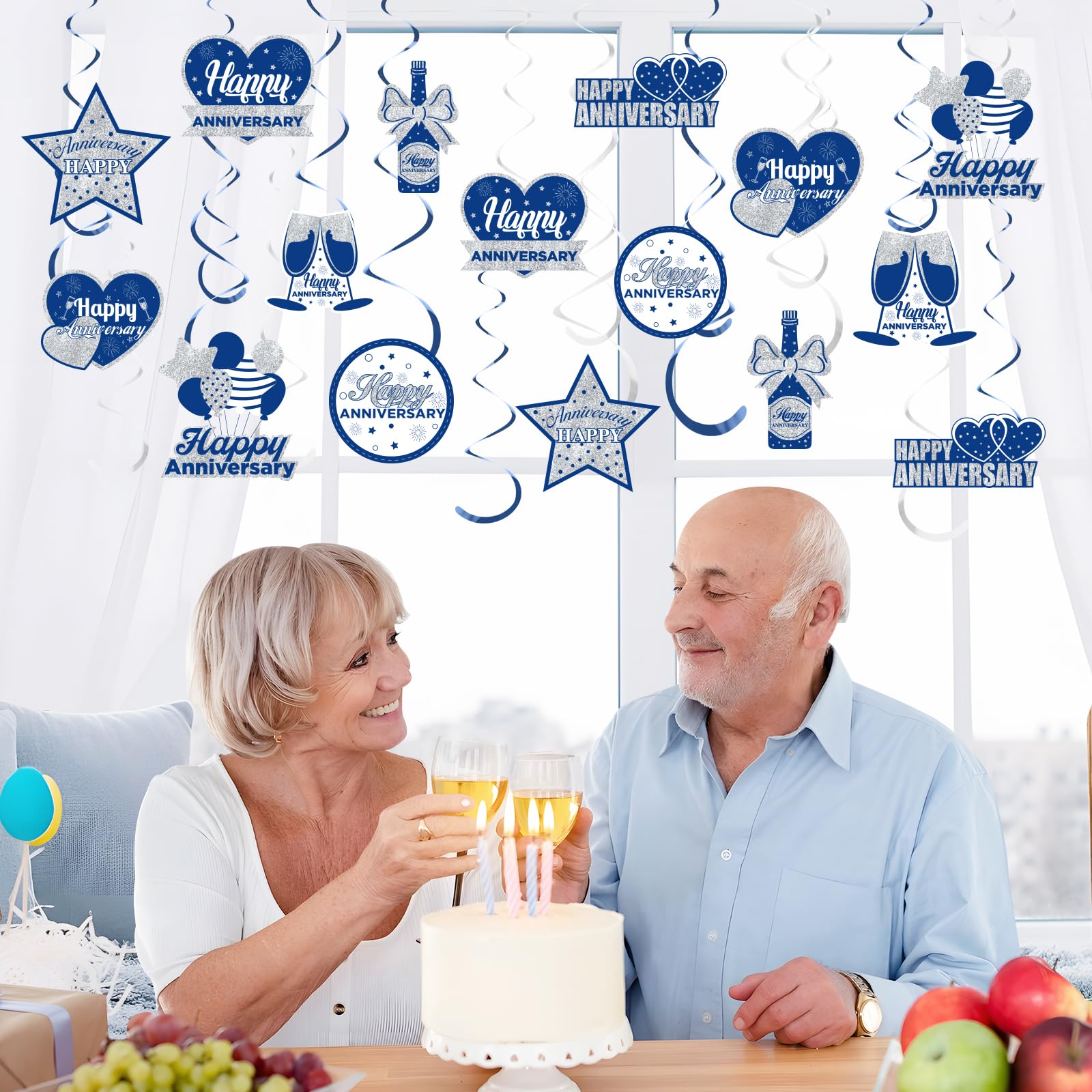 Wedding Anniversary Party Decorations Hanging Swirls, 16Pcs Blue Silver Happy Anniversary Hanging Ceiling Swirls with LED Light for Men Women Anniversary, 25th 50th 60th Wedding Anniversary Party Decor