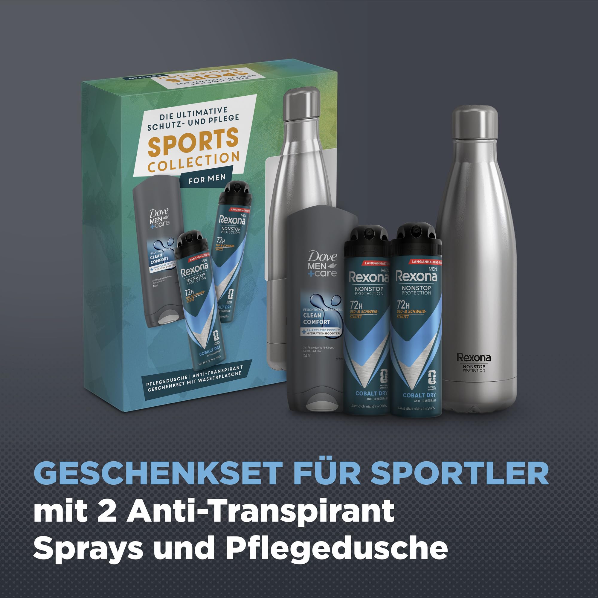 Rexona Geschenkset für Männer Sports Collection Pflegeset mit 2x Anti Transpirant (2x 150 ml), Pflegedusche (250 ml) und einer Trinkflasche aus Edelstahl (750 ml)