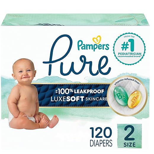 Pampers Pure Protection Baby Diapers, Size 2 (12-18 lbs), 120 Count, Up to 100% Leakproof, Premium Plant-Based Skin Protection, Hypoallergenic Soft Diapers