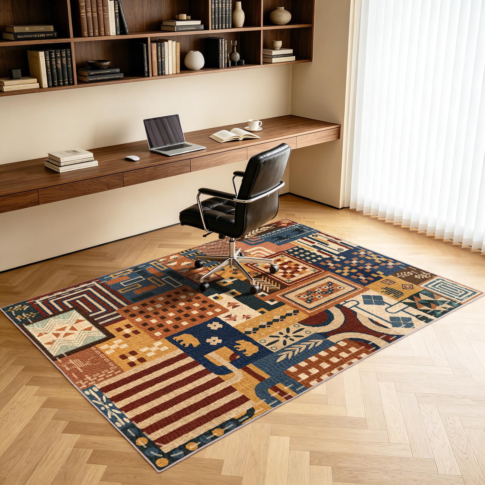 Kurzflor Teppich Tiere Patchwork 120x160cm Waschbarer Teppich Schlafzimmer | Waschbarer Rutschfester Teppich mit weicher Oberfläche, Boho Designteppich für Wohnzimmer, Esszimmer, Büro und Flur – Animals
