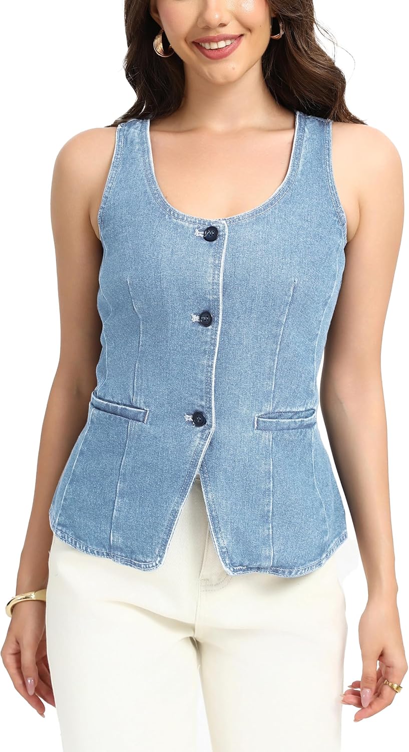 D-Sun Women Sleeveless Denim Vest Button Down Scoop Neck Jean Waistcoat Fashion Front Slit Denim Tank Top with Pockets
