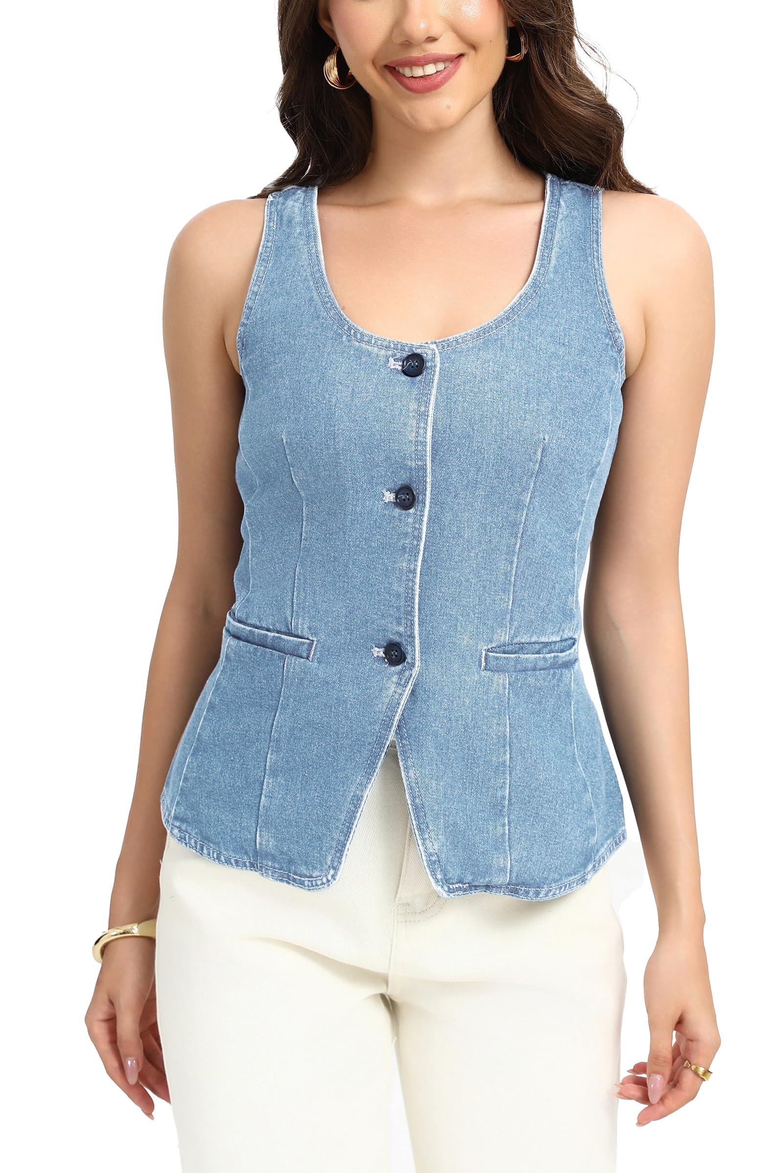 D-Sun Women Sleeveless Denim Vest Button Down Scoop Neck Jean Waistcoat Fashion Front Slit Denim Tank Top with