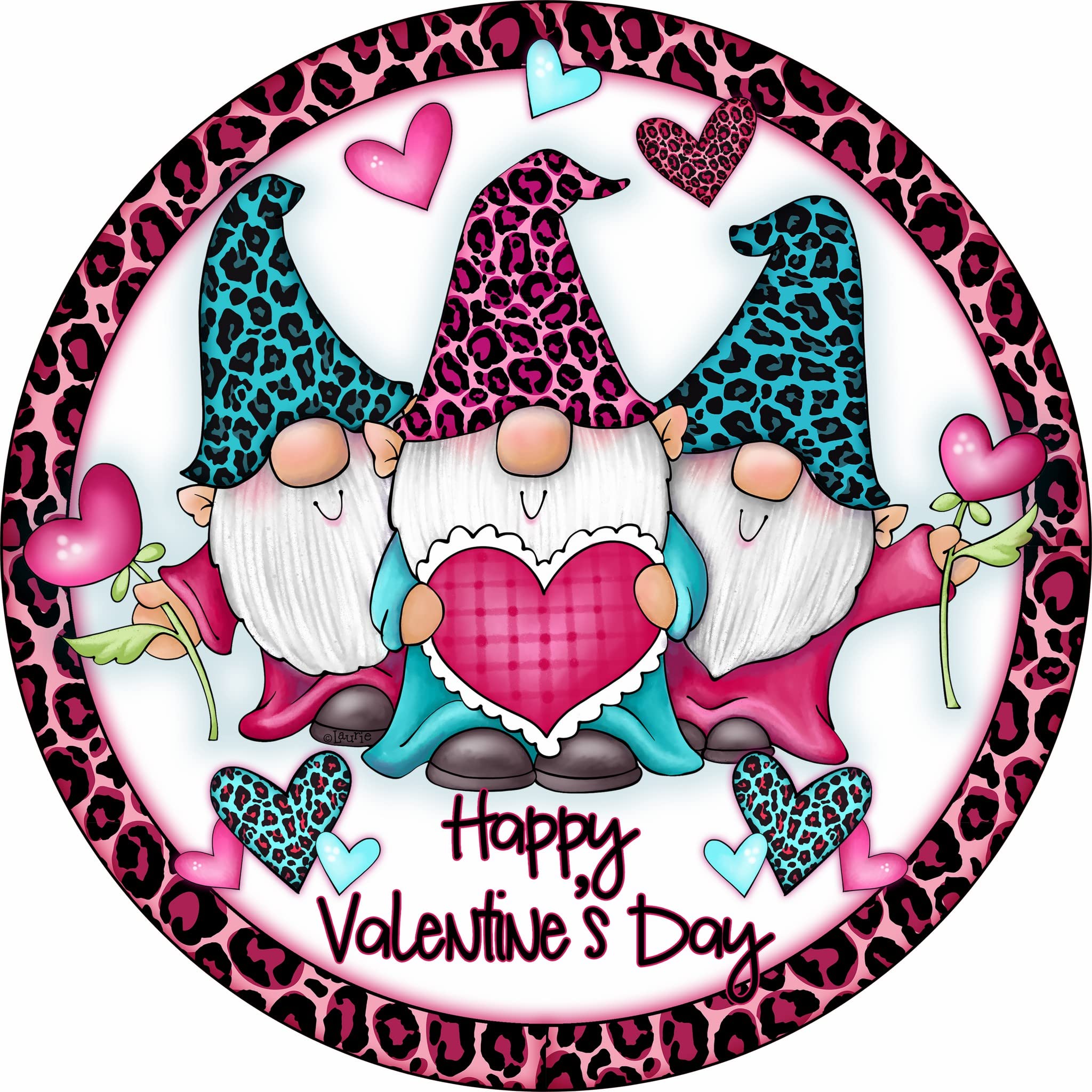 Retro Round Tin Sign 12 X 12 Inches Happy Valentine's Day Gnomes Wreath Attachment Funny Wall Decor Nostalgic Arts Decor Waterproof Plate Decoration Novelty Decorative Crafts Home Decor Gifts
