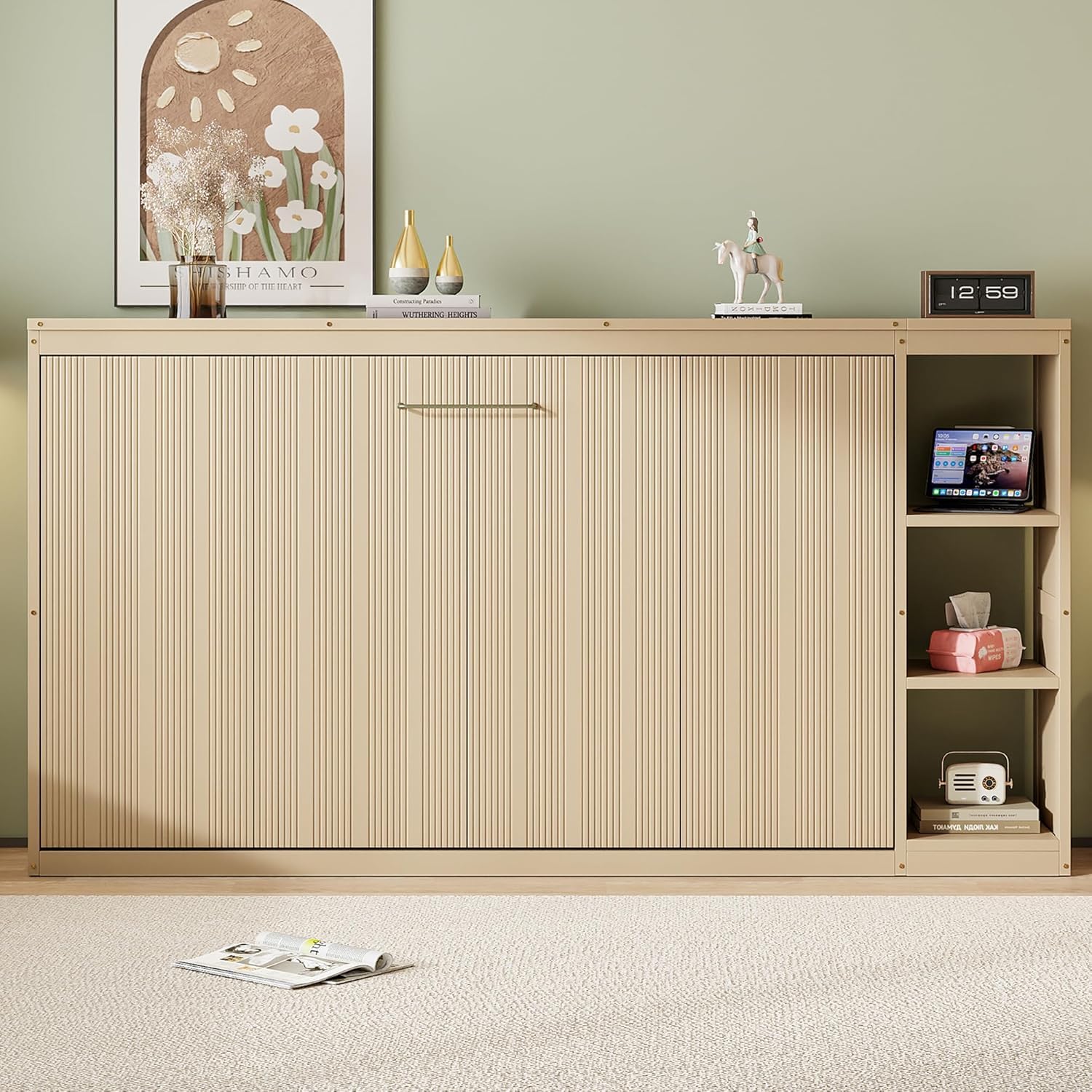 Virubi Twin Murphy Bed with Storage Shelves in a room, shown in its open position with a mattress and bedding.