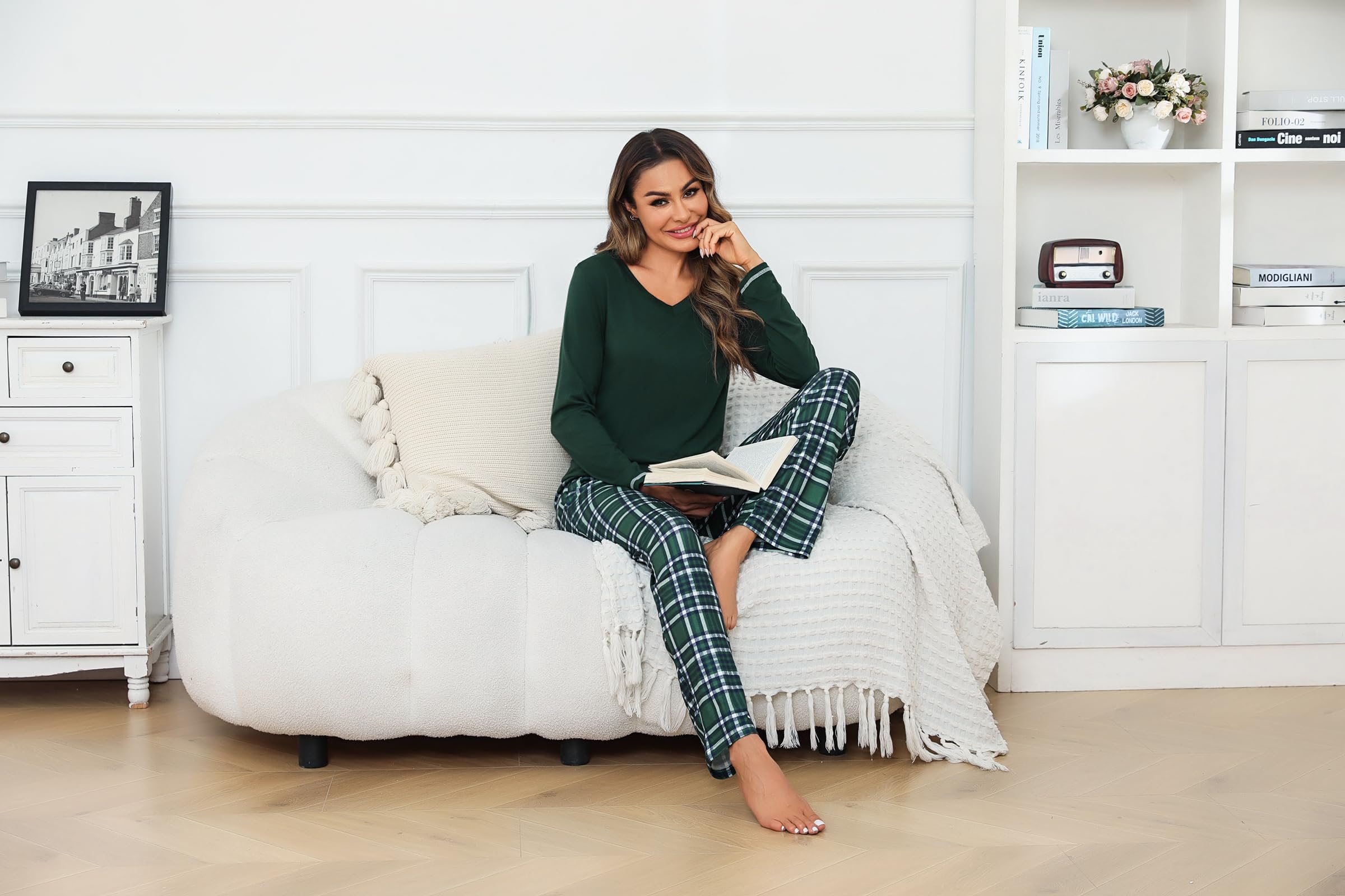 Litherday Pigiama Donna Invernale in Cotone Due Pezzi con Maglia a Manica Lunga e Pantaloni a Quadri Scollo a V Comodo per Casa Autunno Inverno S-XXL