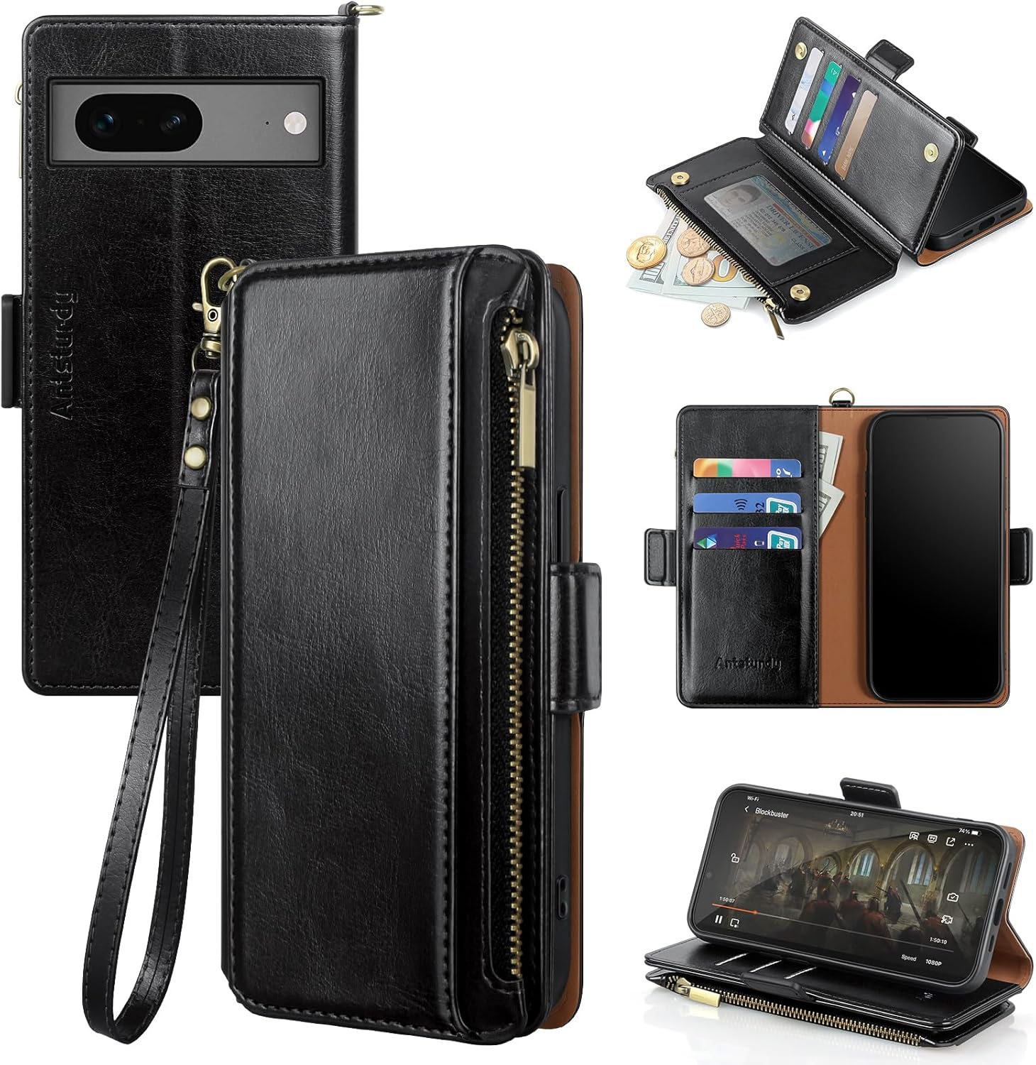 Antsturdy Compatible with Google Pixel 7a Case Wallet with Card Holder Women Men Phone Case RFID Blocking PU Leather Kickstand Flip Protective Cover Wrist Strap Zipper Credit Card Slots,Black A-Black