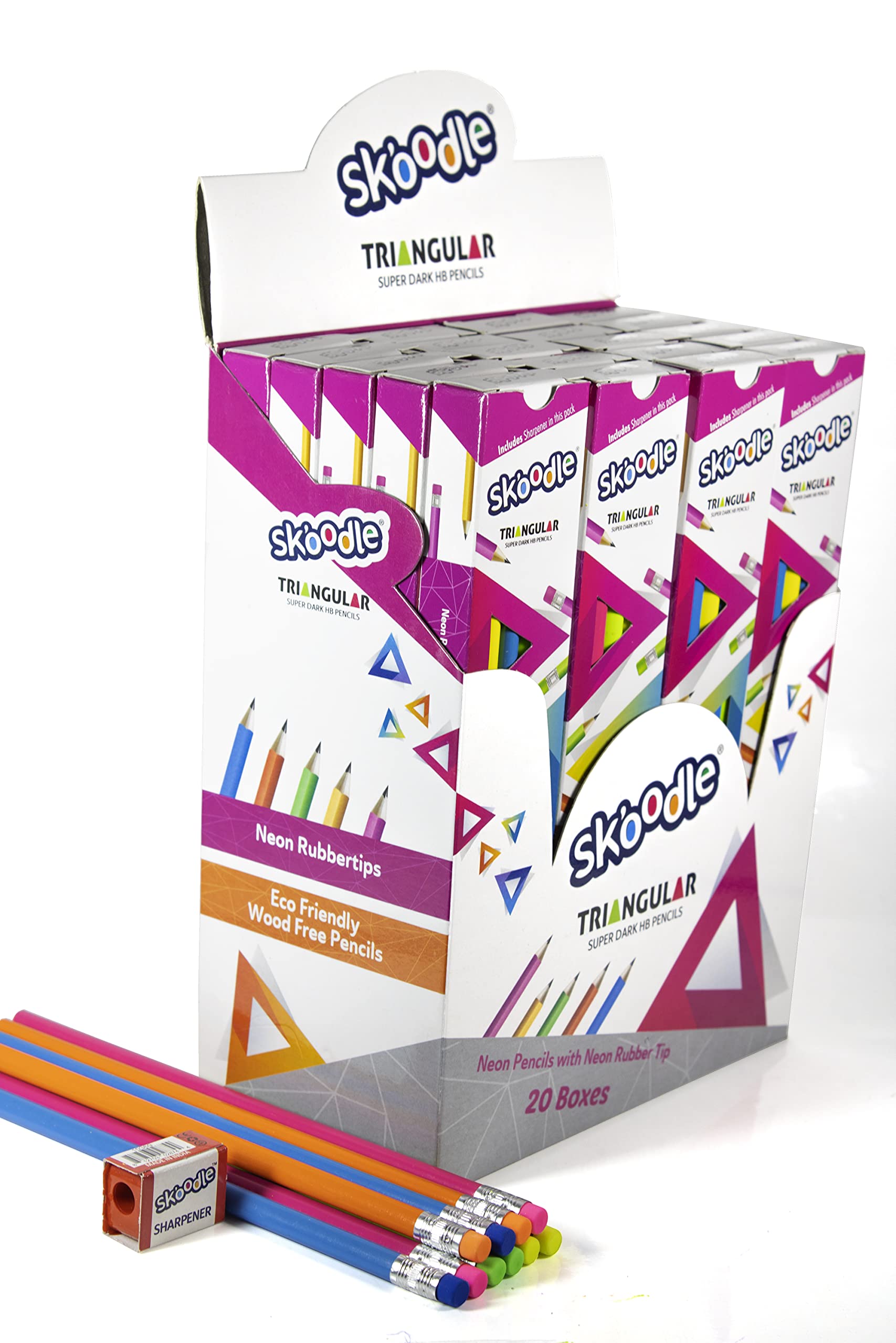 SKOODLE200 Pieces Triangular Grip Non Toxic Poly Neon Pencils For Kids and Adults For Sketching & Drawing for Kids, (Set 200 Triangular Shaped Pencils) (Pack of 20 Boxes) (20 Sharpeners)