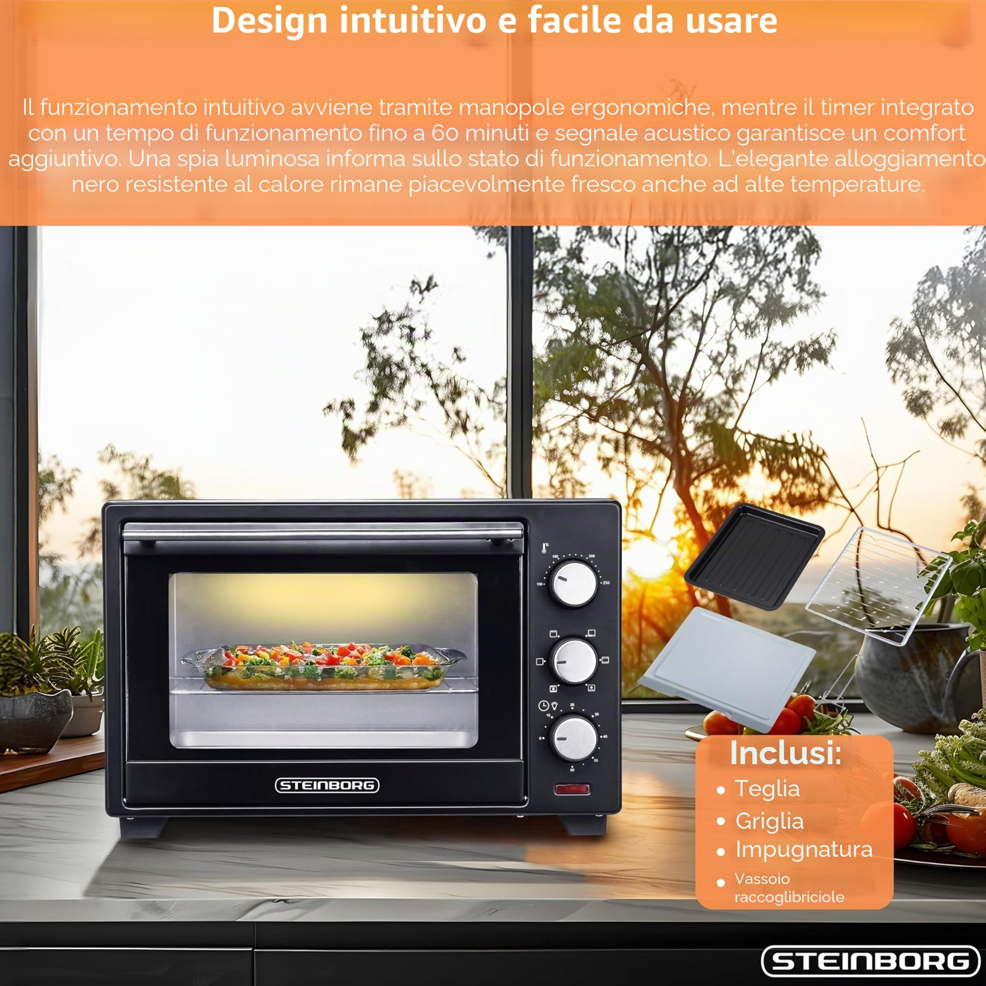 STEInBORG Mini Forno 25 Litri | 3 in 1 per Pizza | Teglia per Briciole | Calore Superiore/Inferiore | Convezione | 60 Minuti | 1.600 Watt