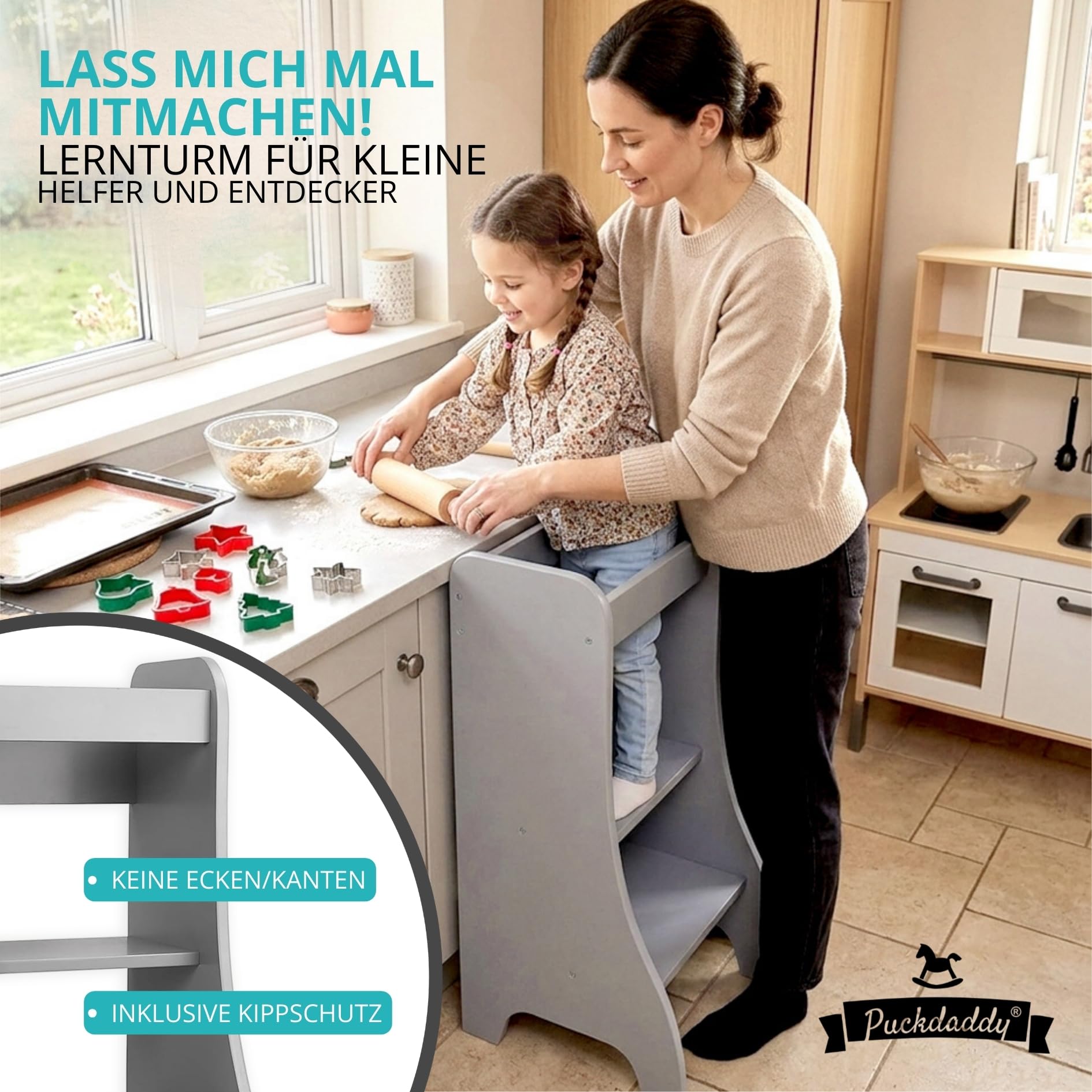 Puckdaddy® Montessori Lernturm Turmine, Weiß, Entdeckerturm, Tritthocker | Montessori Lernturm, MDF, Weiß, Entdeckerturm ab 1 Jahr, Kippschutz, bis 40 kg, Maße 43×50×94 cm