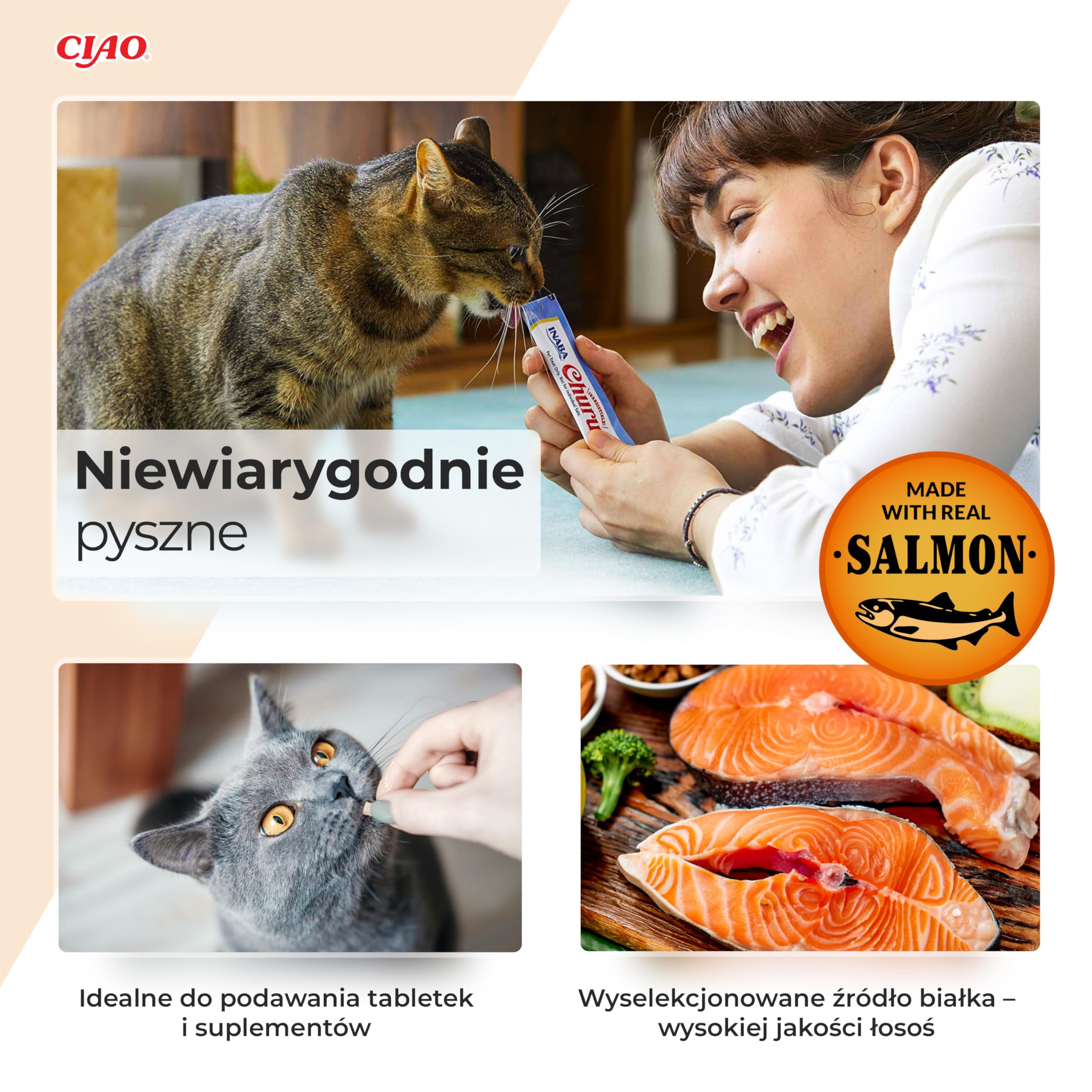 INABA Churu Treats Cat Treats 30% łososia, bogaty w kwasy omega 3, witaminę E, kolagen, tylko 12 kcal na tubkę | zdrowe przysmaki dla kotów z Japonii, 56 g (1 opakowanie)
