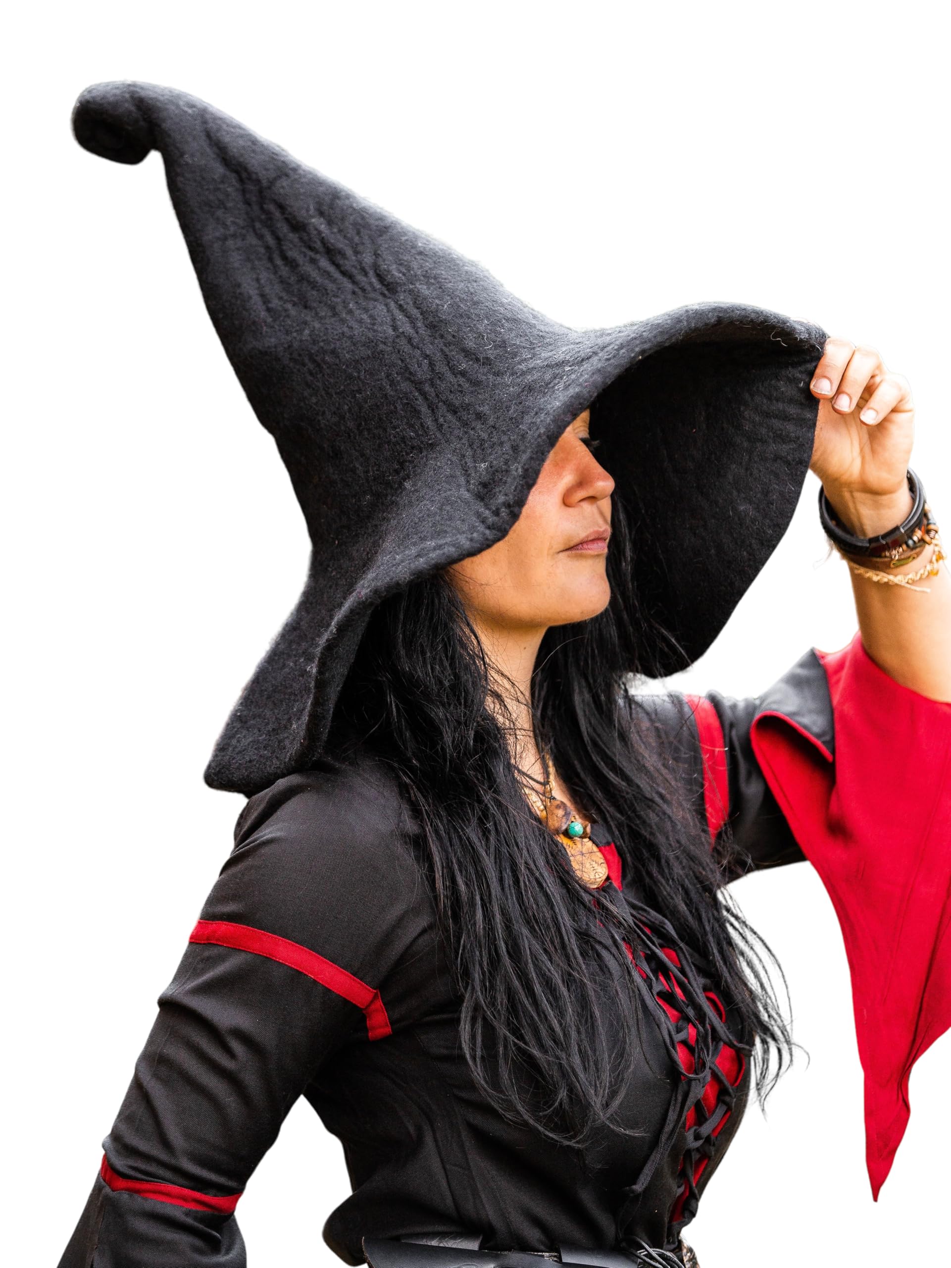 Leonardo Carbone® Glinda Witch Hat - Medieval Clothing Headgear, Women's Witch Costume, Black Wool Felt, Adults