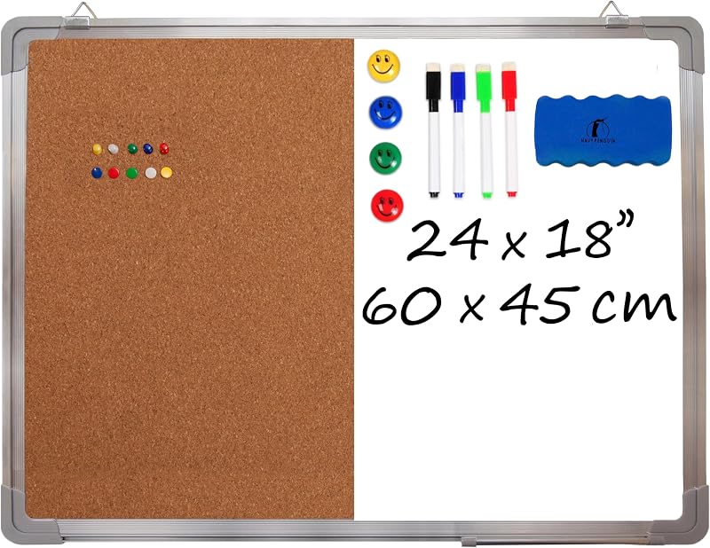 Combination Whiteboard Bulletin Board, 24x18 in Dry Erase Board with Cork | Wall Hanging Magnetic White Board Combo, Corkboard Marker Board, Pin & Tack Board for Home, Office, Dorm & Cubicle