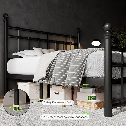 Miniatura 5 de Feonase Base de cama de plataforma de metal de tamaño matrimonial con cabecero y estribo clásico victoriano, listones resistentes, almacenamiento