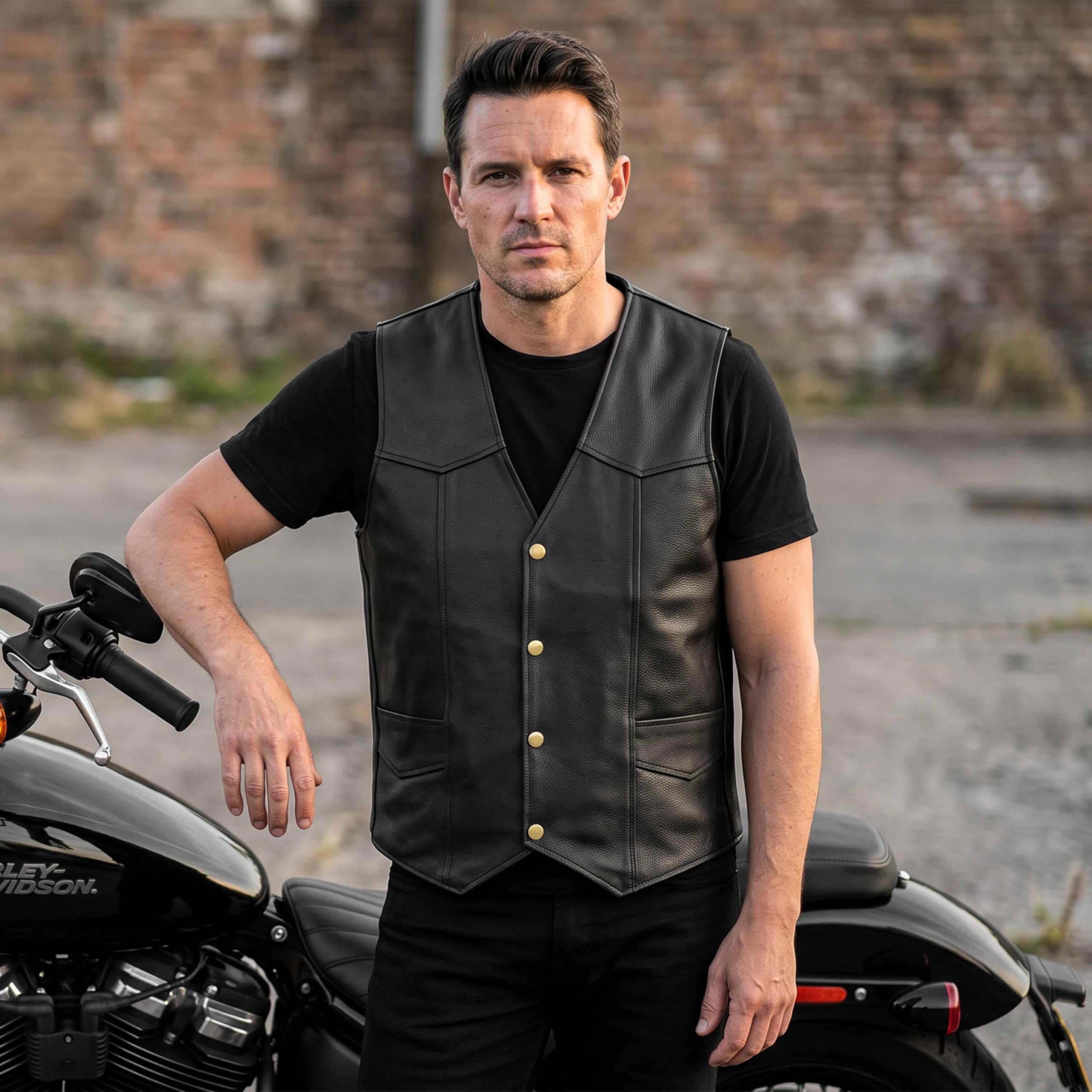 Leatherick Herren klassische Rindslederweste für Biker und Motorradfahrer, Mode und Freizeit schwarz
