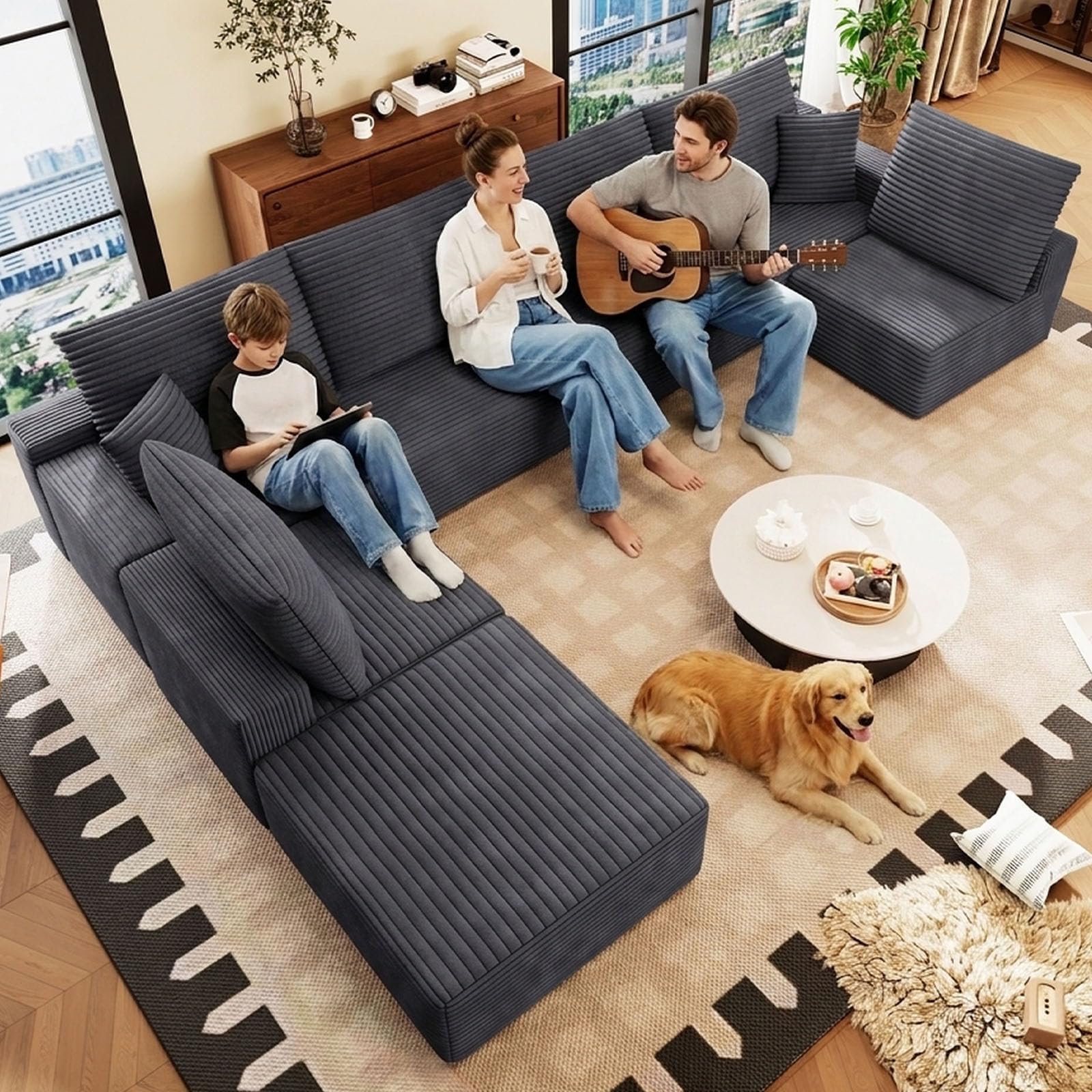 140.2 Cloud Sectional Couches for Living Room, Oversized Sectional Sofa with Ottoman, Modern Upholstered Deep Seat 7 Seater Large Boneless Couches for Apartment, Studio, Office, Dark Grey