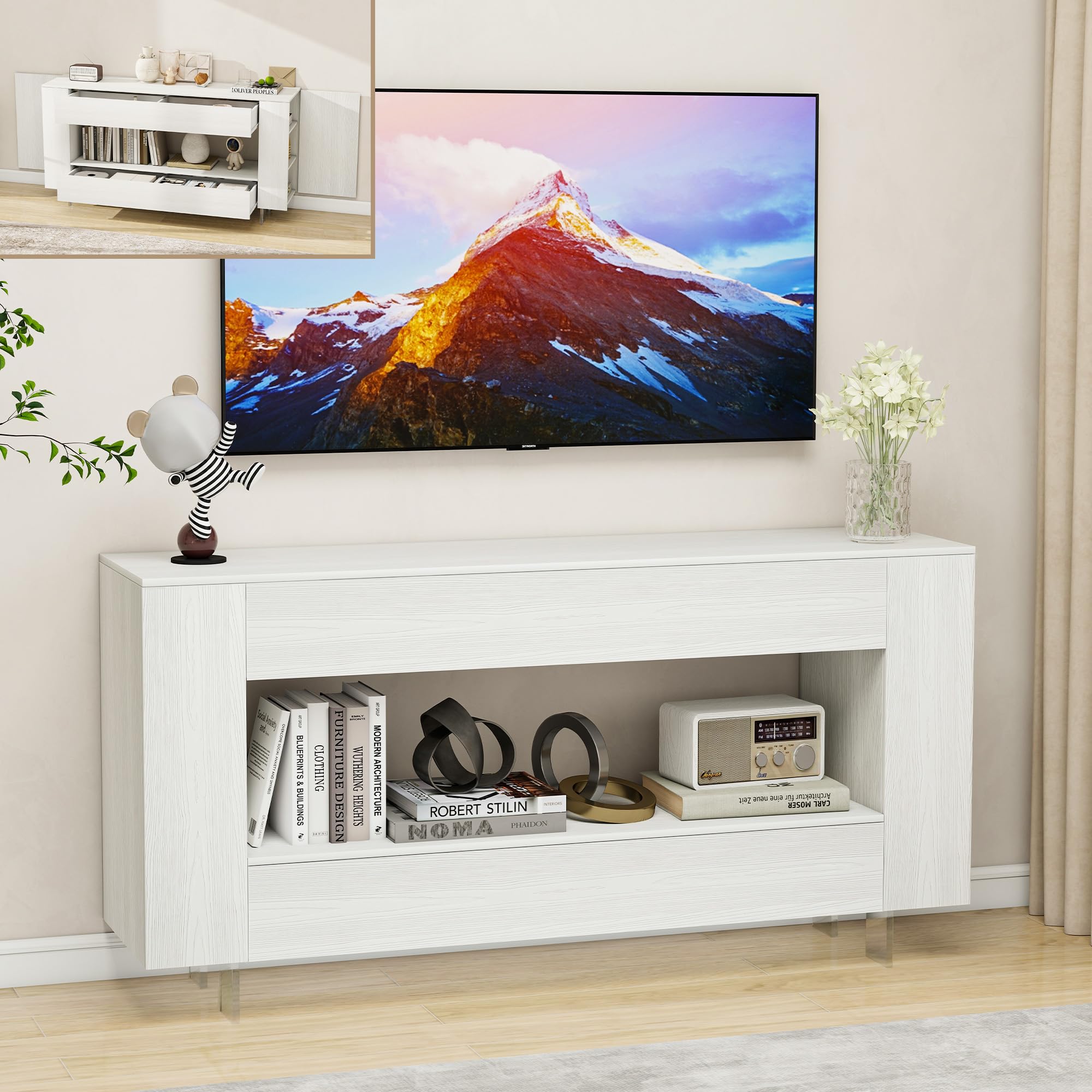 Vavkorkula TV Stand for 65 Inch with 2 Large Drawers & Hidden Storage Cabinets, Modern Entertainment Center Television Stands for Living Room Bedroom,