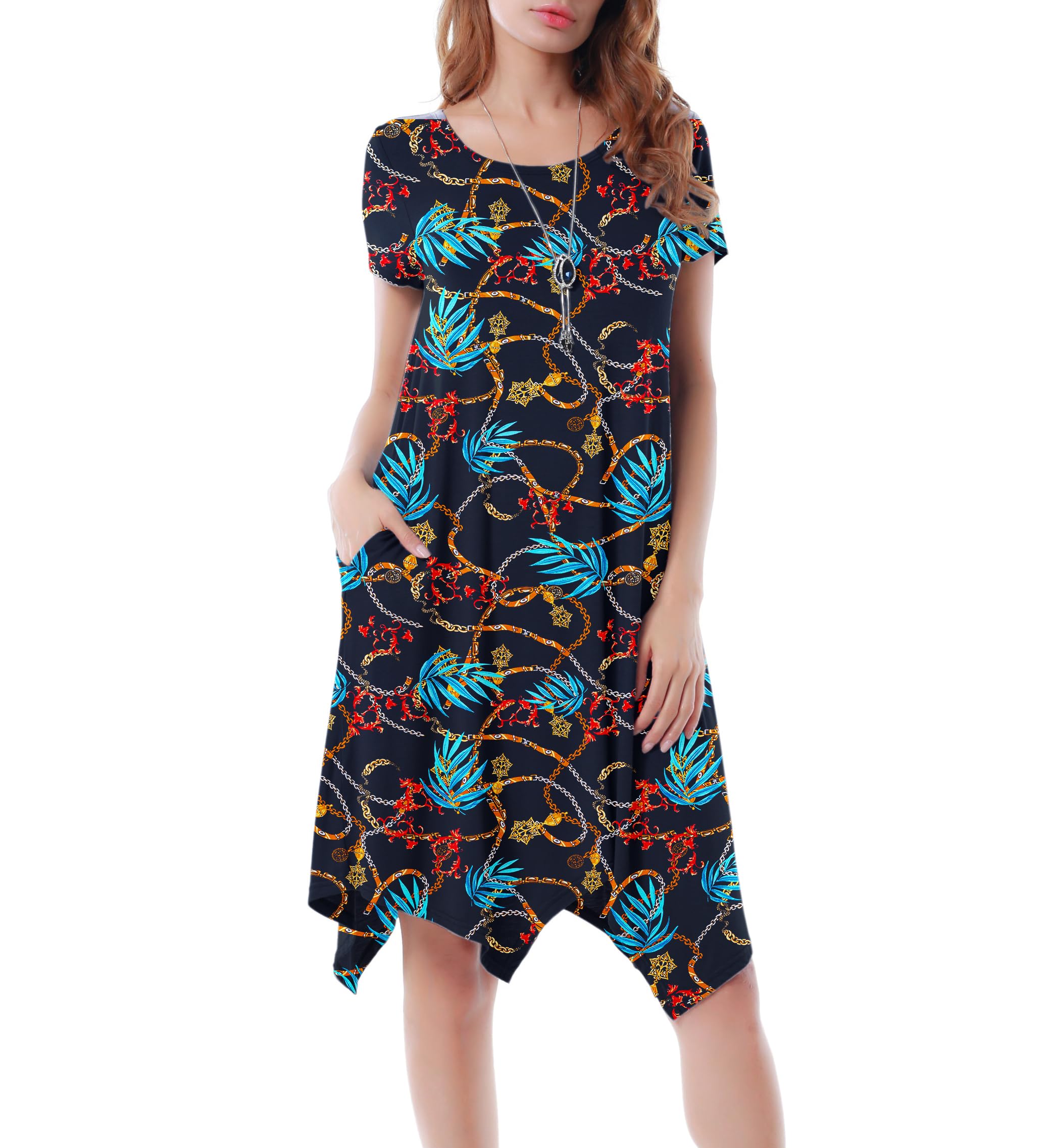 Women Casual Loose Soft Crewneck Short Sleeve Pockets Swing T-Shirt Dress | Short Sleeve Pockets Swing, Knee Length, Casual, Sizes S-5XL, Summer Beach Cover Up