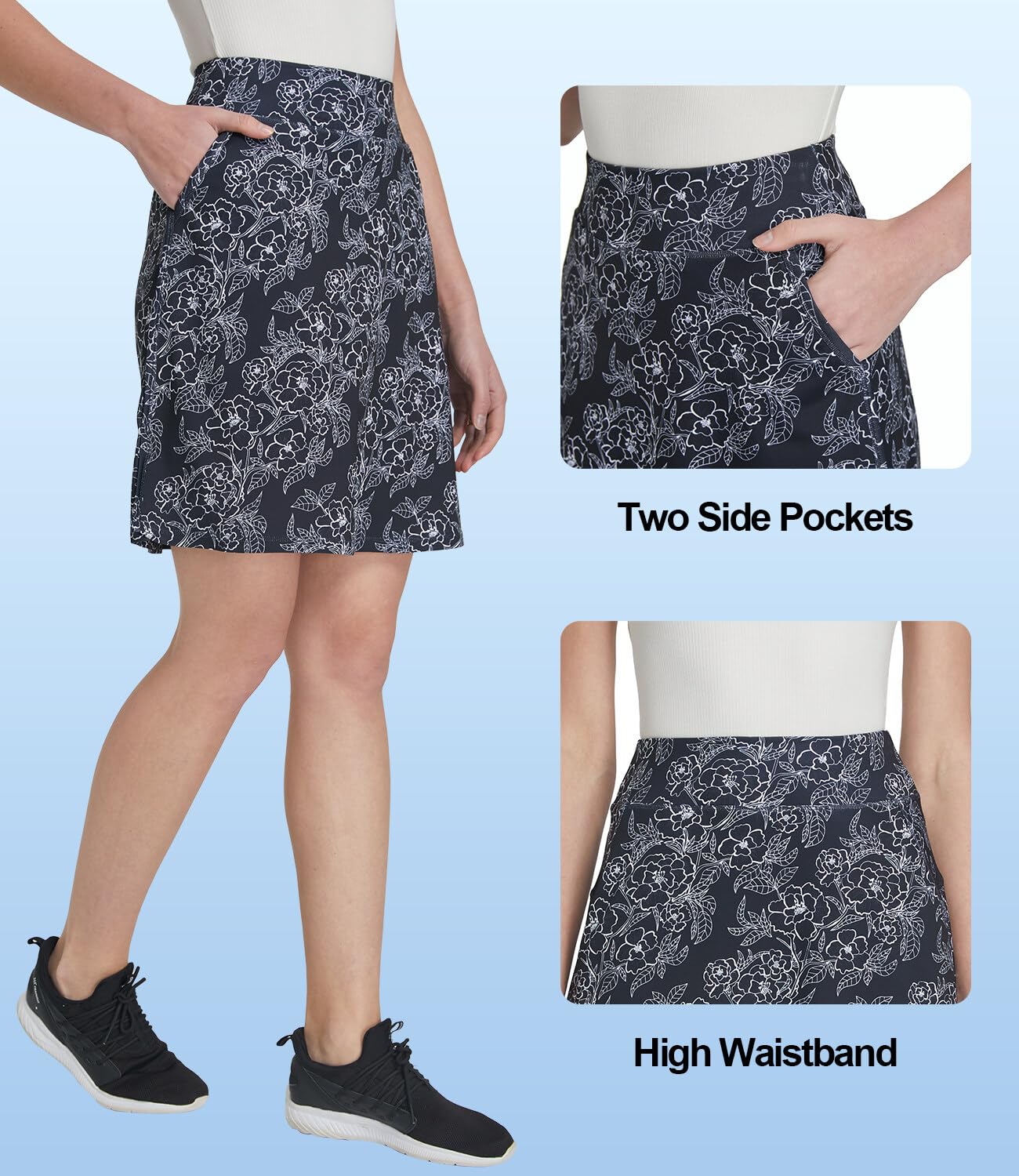 Faldas Deportivas Mujer Skort hasta la Rodilla Falda con Pantalones Debajo Falda de Senderismo con Bolsillos Ropa B-Flores Negro M