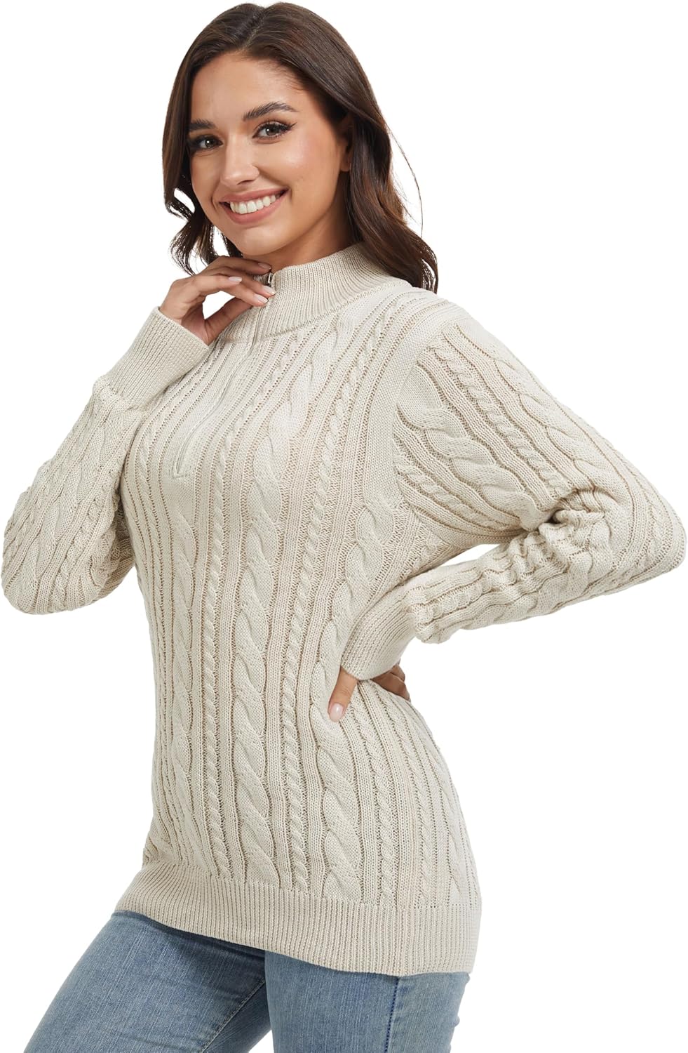 Womens Quarter Zip Sweaters Cable Knit Pullover Chunky Sweater Mock Neck 1/4 Zip Casual Top - Image 3