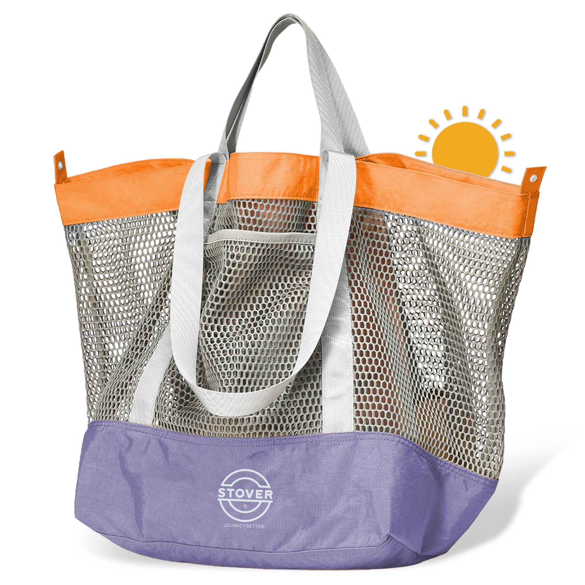 STOVER Extra Large Mesh Beach Bag Vacation Pool Shopping Travel Tote - Foldable w Storage Pouch Pockets for