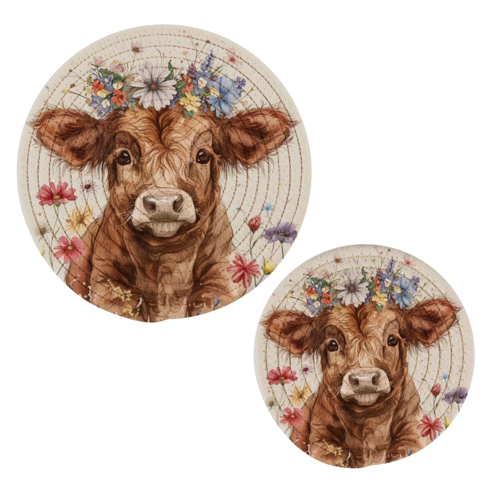 Highland Cartoon Cow-Calf Wearing Flowers Crown Trivets for Pots Heat Resistant Table Hot Mats 2Pcs Must Utensil Holder for Kitchen Accessories Counter