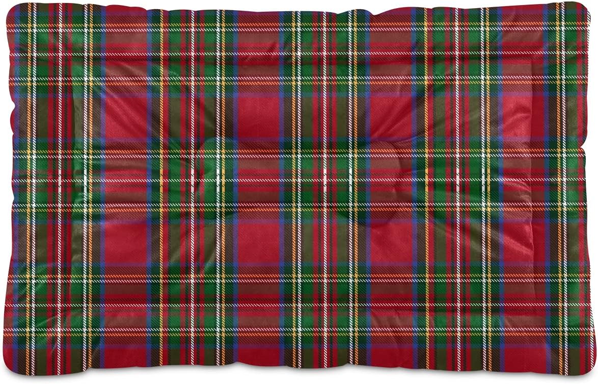 Green and Red Tartan Plaid Dog Bed Mat for Large Dog Puppy Cat Kitten, Traditional Scottish Tartan Check Ultra Soft Pet Bed Mattress for Crate with Anti-Slip Washable, 24 x 36 Inches