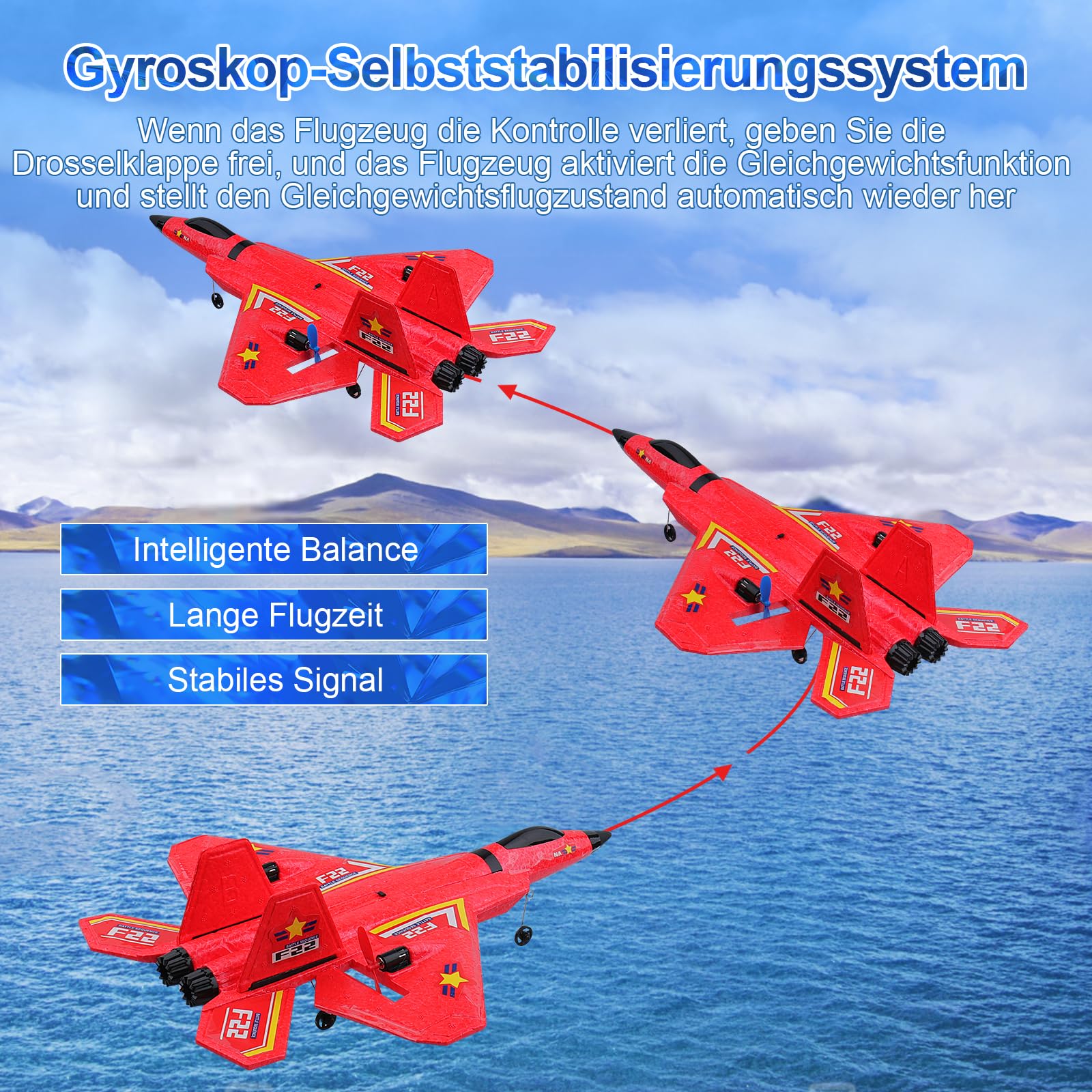 Henakmsl 3CH Aereo Telecomandato FX22, 2,4 GHz Aereo RC Aeroplano Telecomandato con 2 Batterie e Luci Colorate, Aliante Volante Telecomandato per Adatto a Bambini/Adulti/Principianti, Rosso