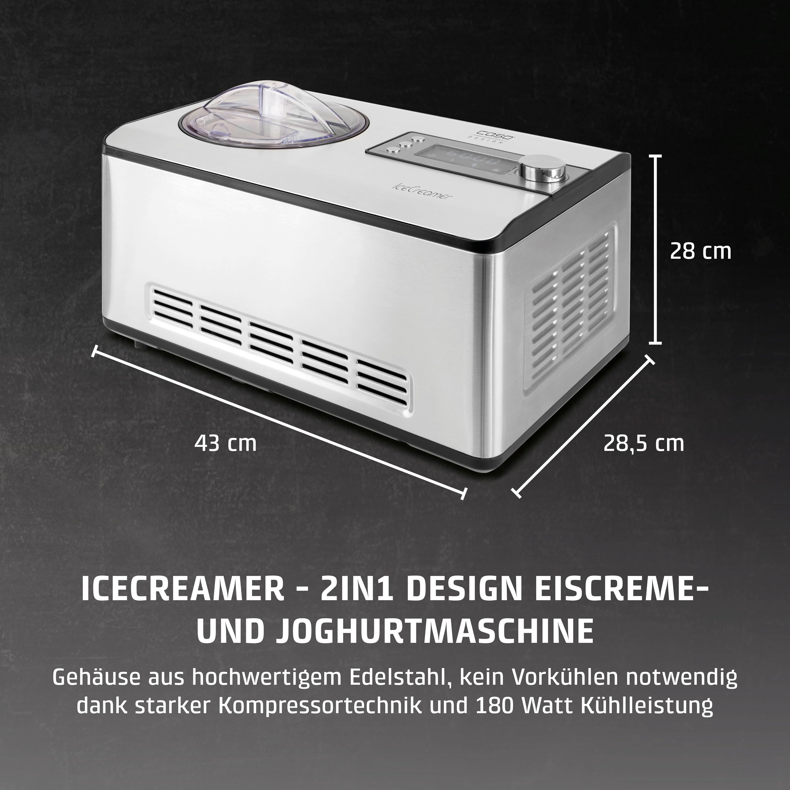 CASO Ice Creamer - 2 in 1 Design Eismaschine und Joghurtmaschine mit Kompressortechnik, kein Vorkühlen notwendig, produziert bis zu 2 Liter Eiscreme, Speiseeis oder Joghurt