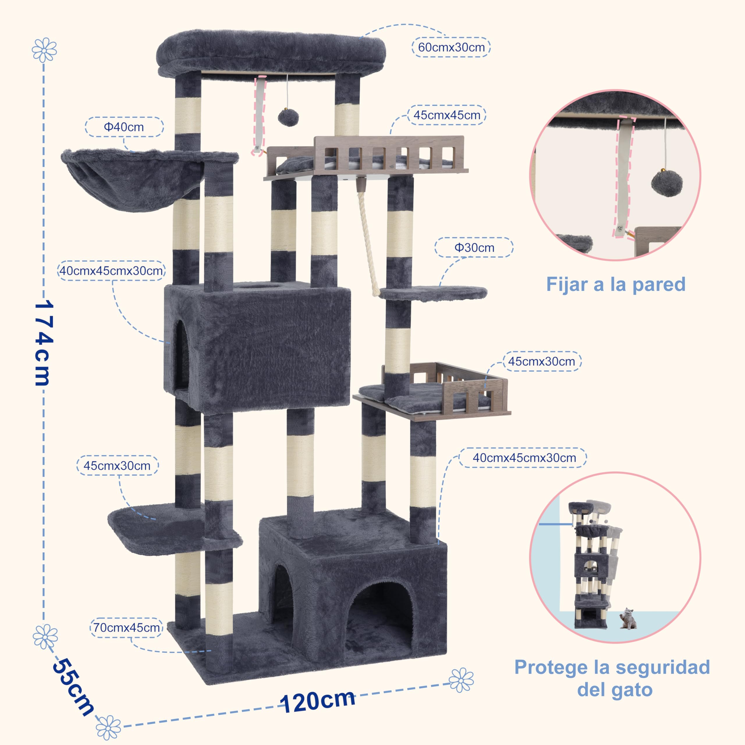 Gitelsnour rascador para Gatos Grandes, árbol para Gatos de 174 cm de Altura, con 2 Plataformas Colgantes Grandes, 2 Casitas para Gatos de Interior, 15 rascadores, Gris Ahumado GCT033G