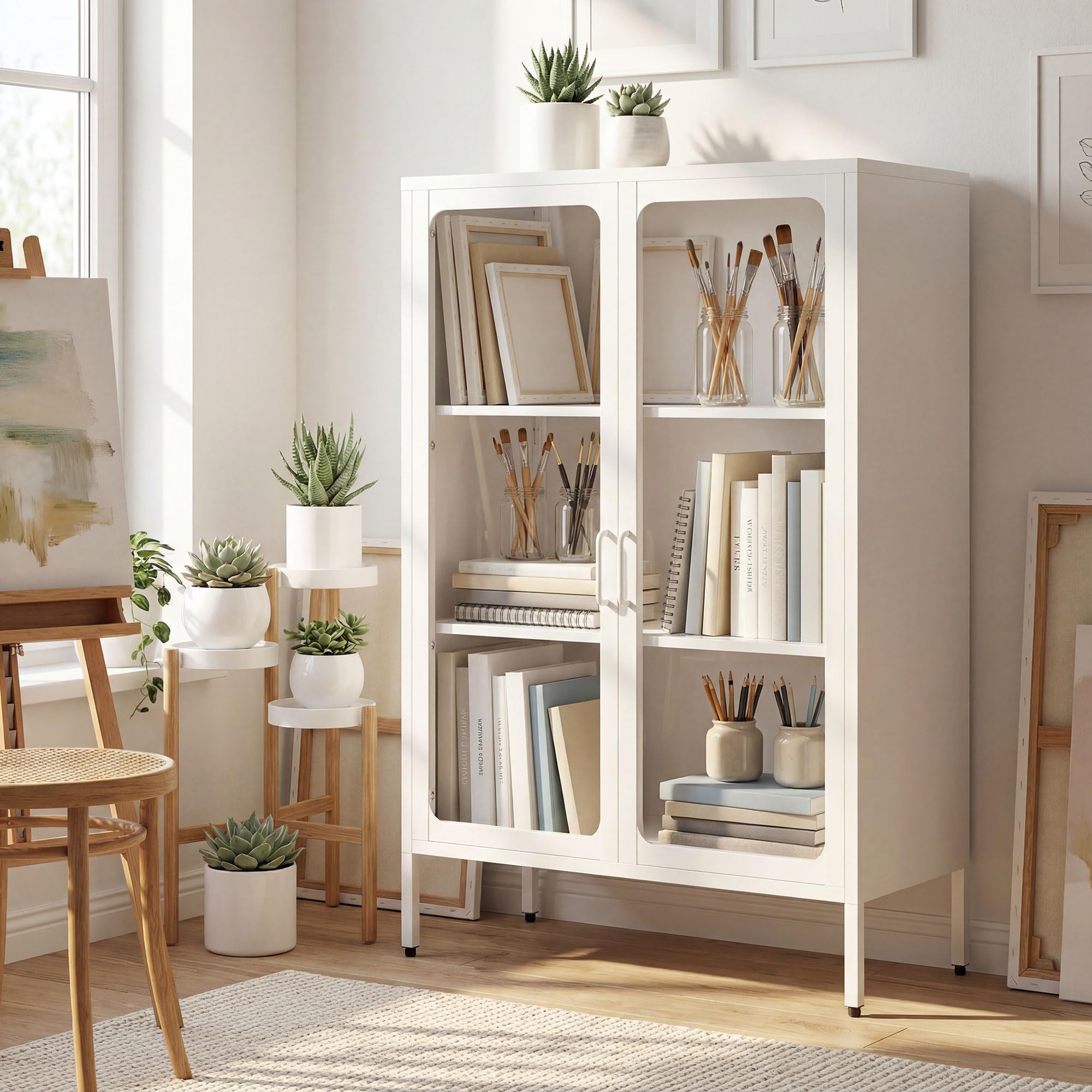 HOMCOM Armadio Portadocumenti in Acciaio a 2 Ante in Vetro Temperato, Schedario da Ufficio con Ripiani Regolabili, Mobiletto Multiuso Portaoggetti, per Ufficio Studio Casa, 80x40x110 cm, Bianco